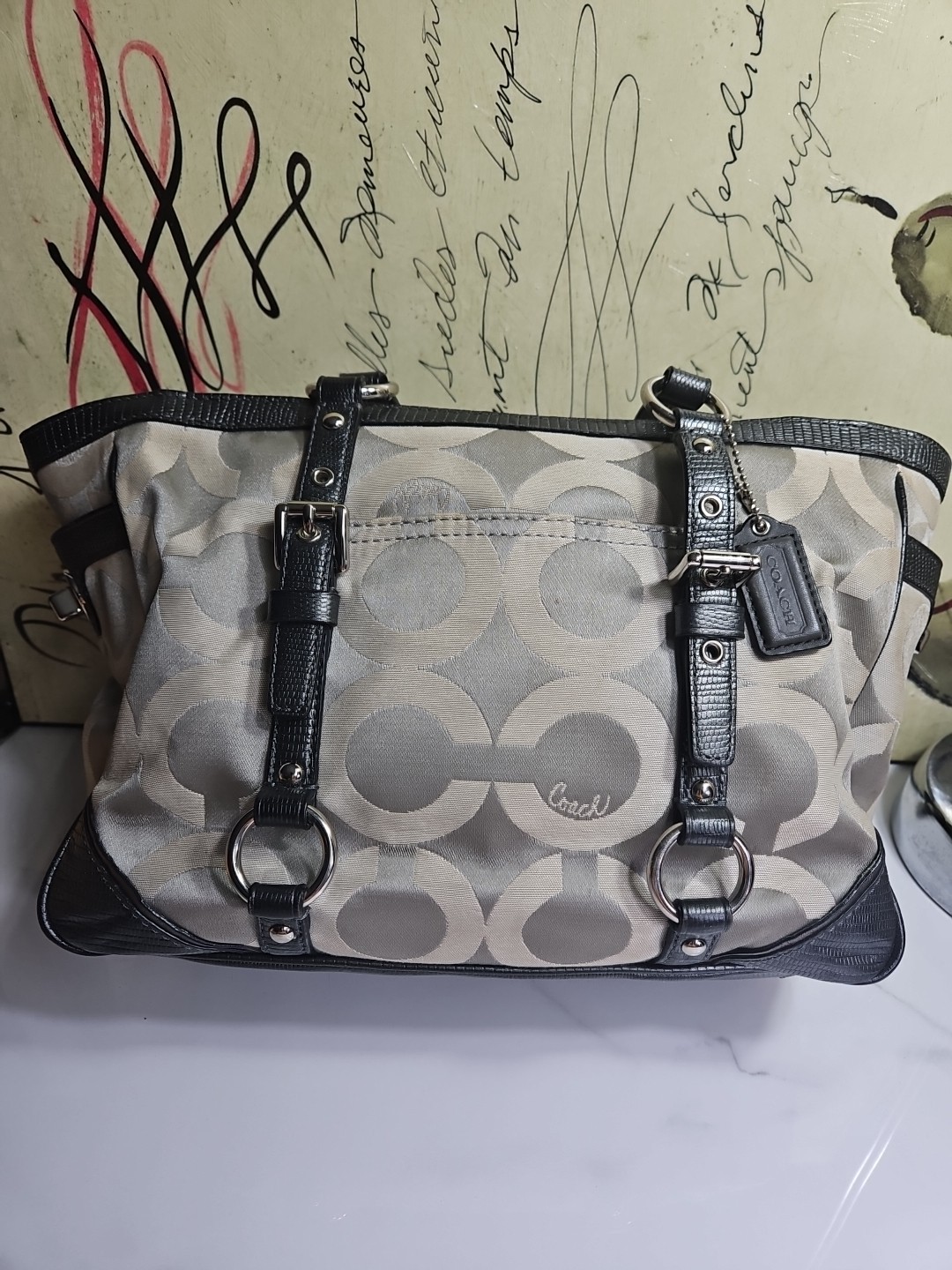 Coach #19404M Gallery Op Art Signature Sateen Tote Gray Shoulderbag 13×8.5×4.5