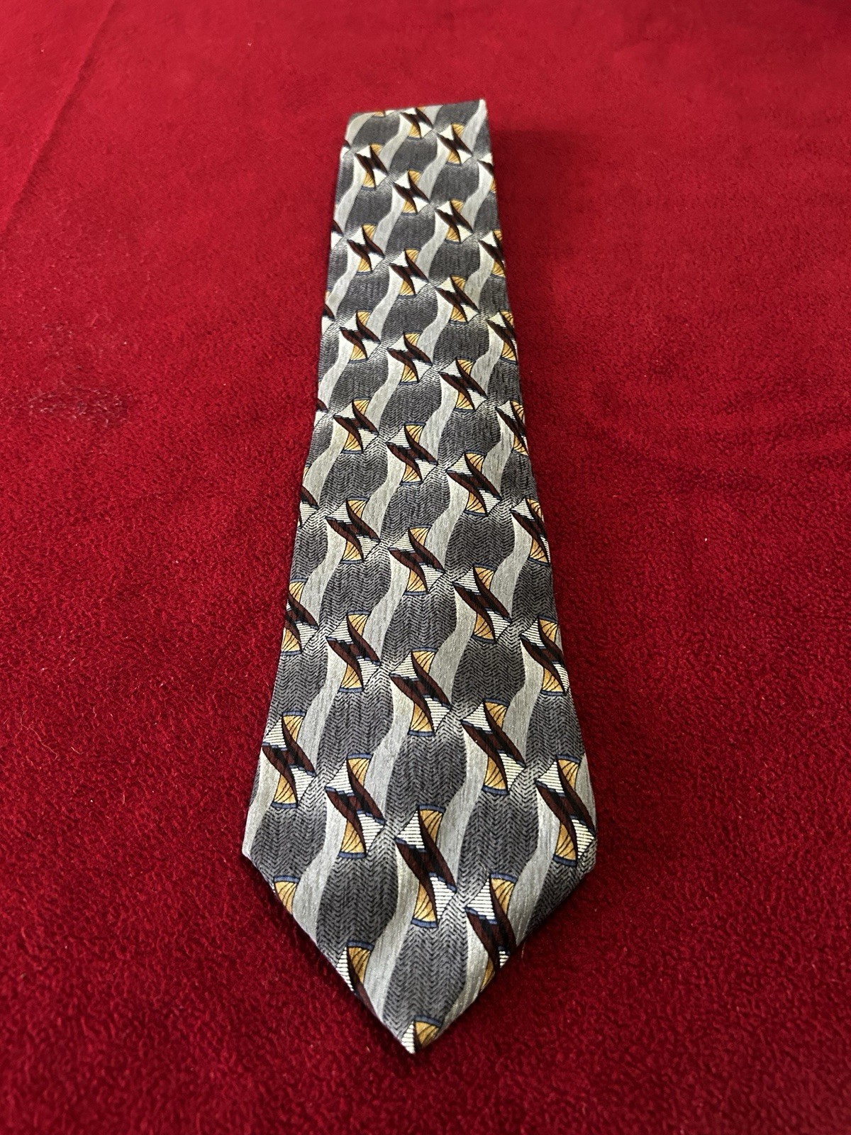 Hill & Archer 100% Silk Men’s Tie Gray Black Brown Yellow White Geometric