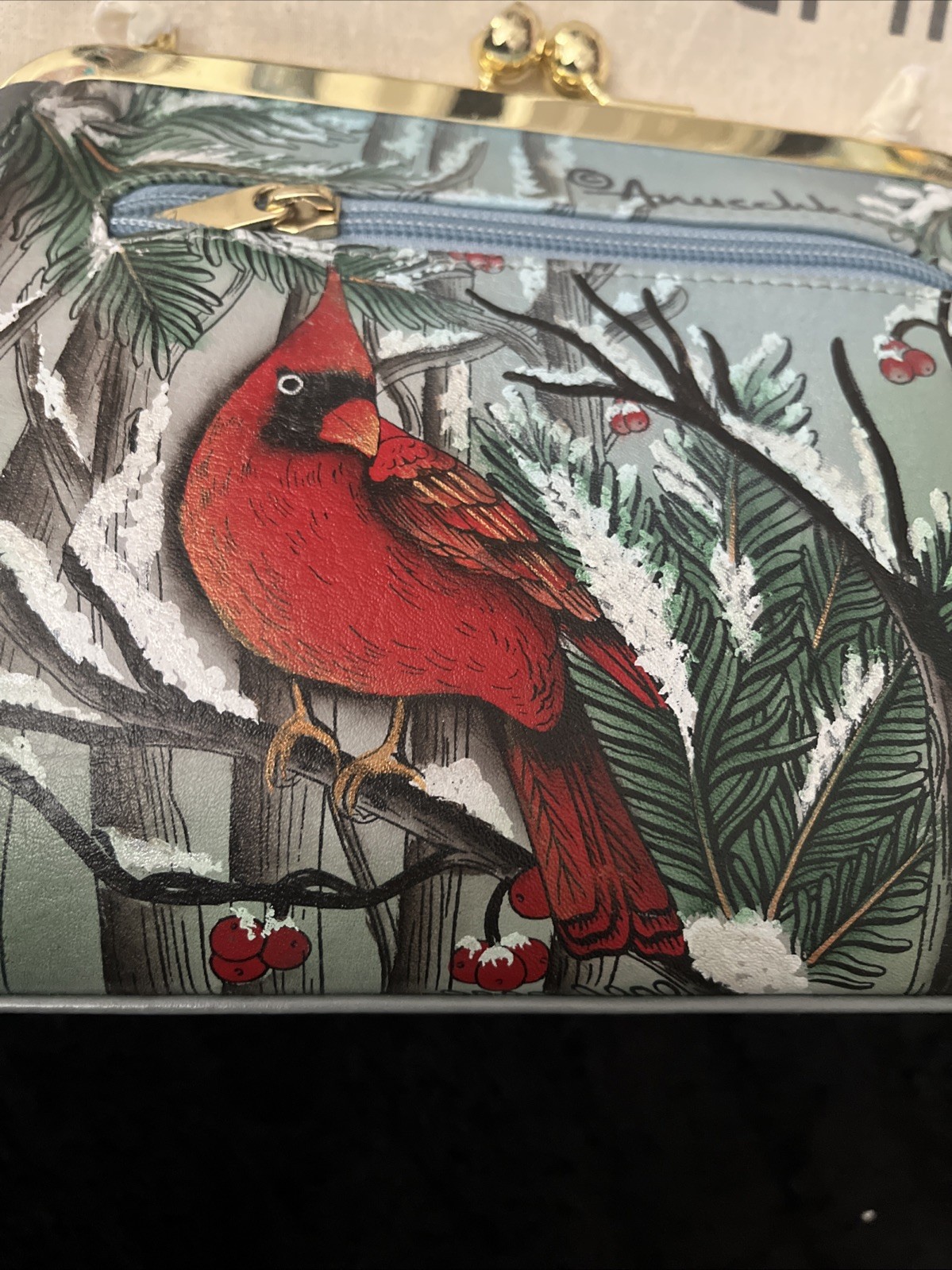 Anuschka Cardinal Hand Painted Kiss Lock Crossbody Clutch Purse Leather New