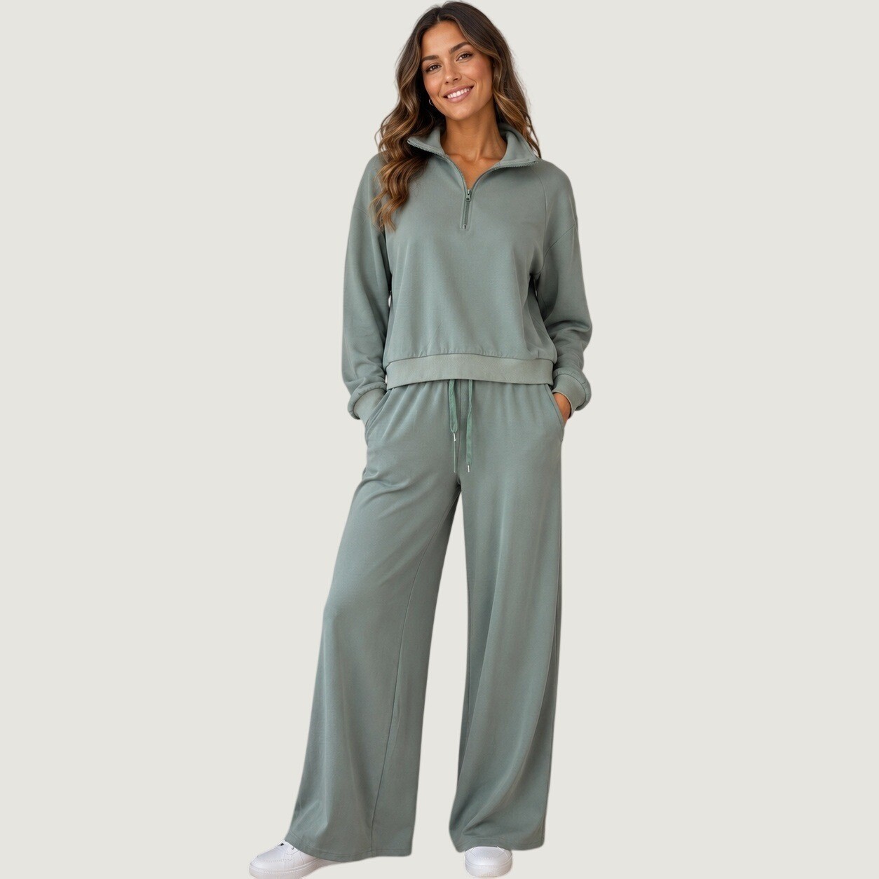 Bella Desert Women Sage Green Quarter Zip Pullover & Wide Leg Lounge Set Size 12