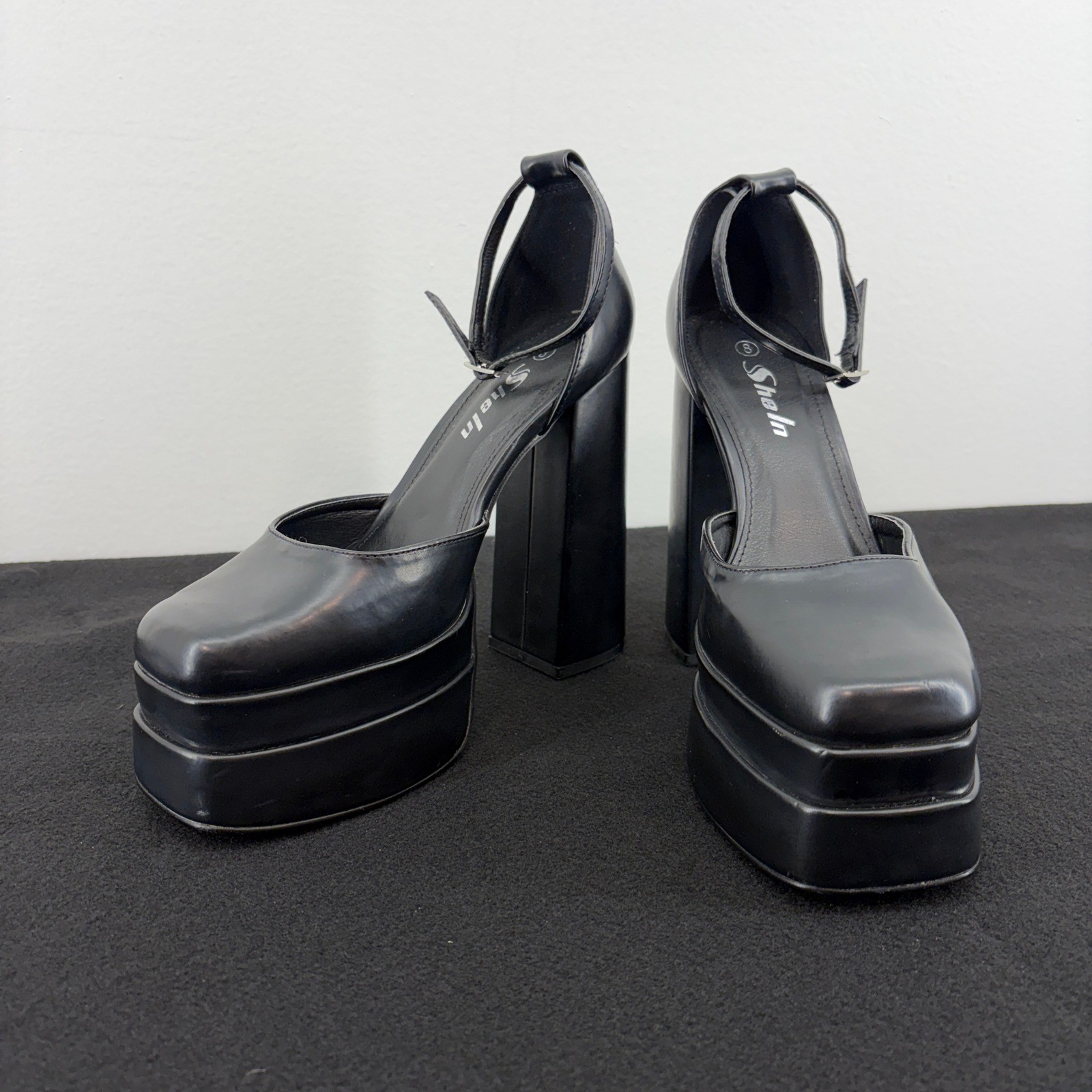 Goth Alt Funky Black Chunky Platform Womens 8 Square Toe Ankle Strap Heels Shoes