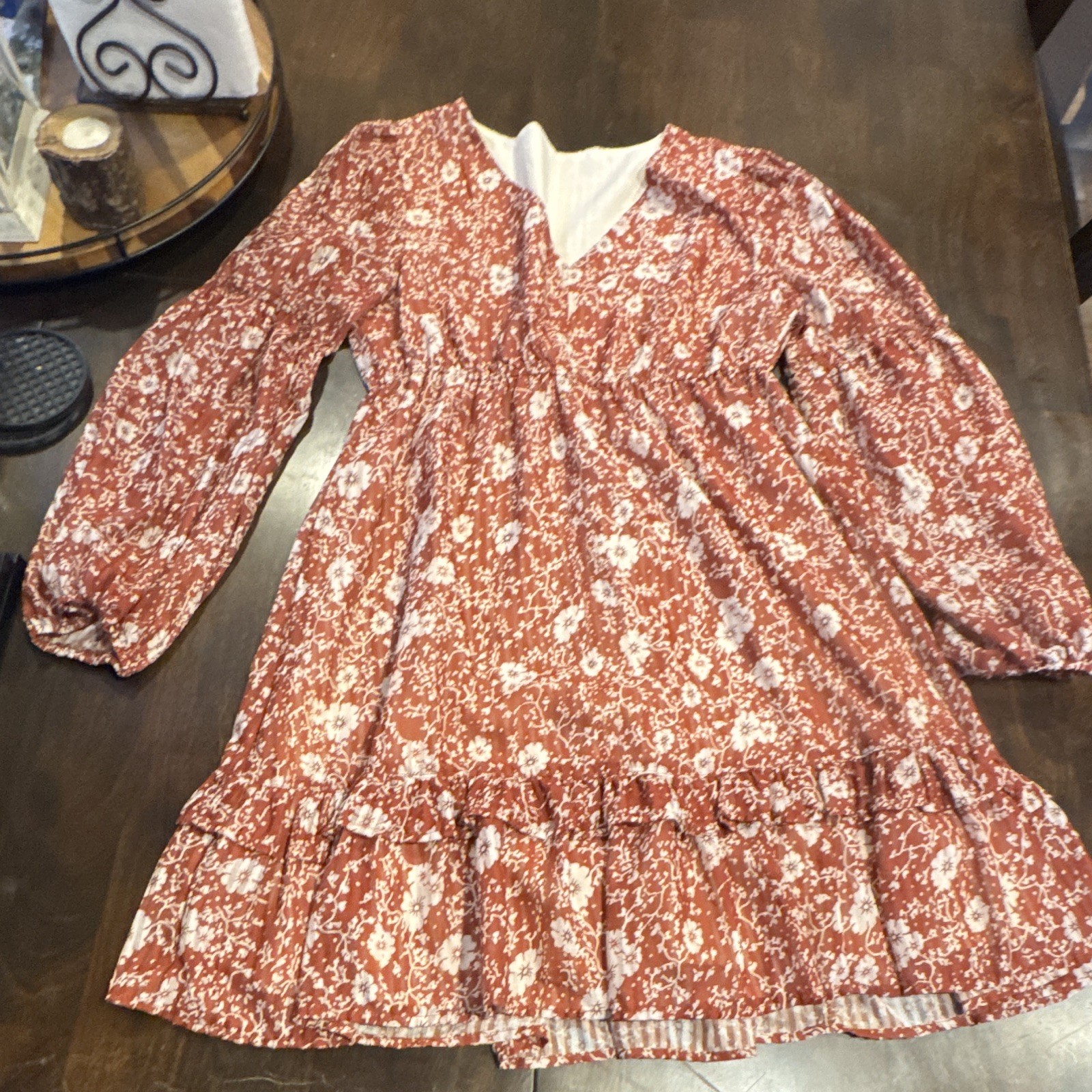 Women’s Rust White Floral Fit & Flare Short Dress M V-Neck Long Sleeve Ruffle