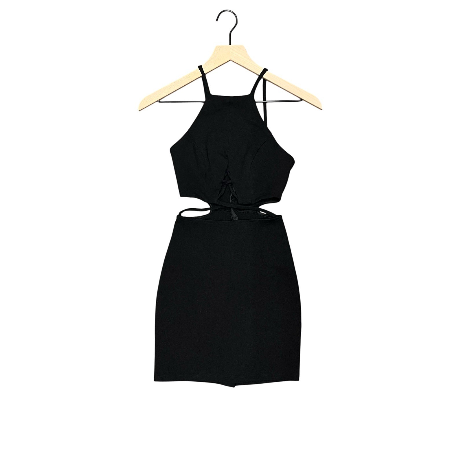 Solemio Black Halter Cut-Out Lace-Up Strappy Bodycon Mini Dress Size S