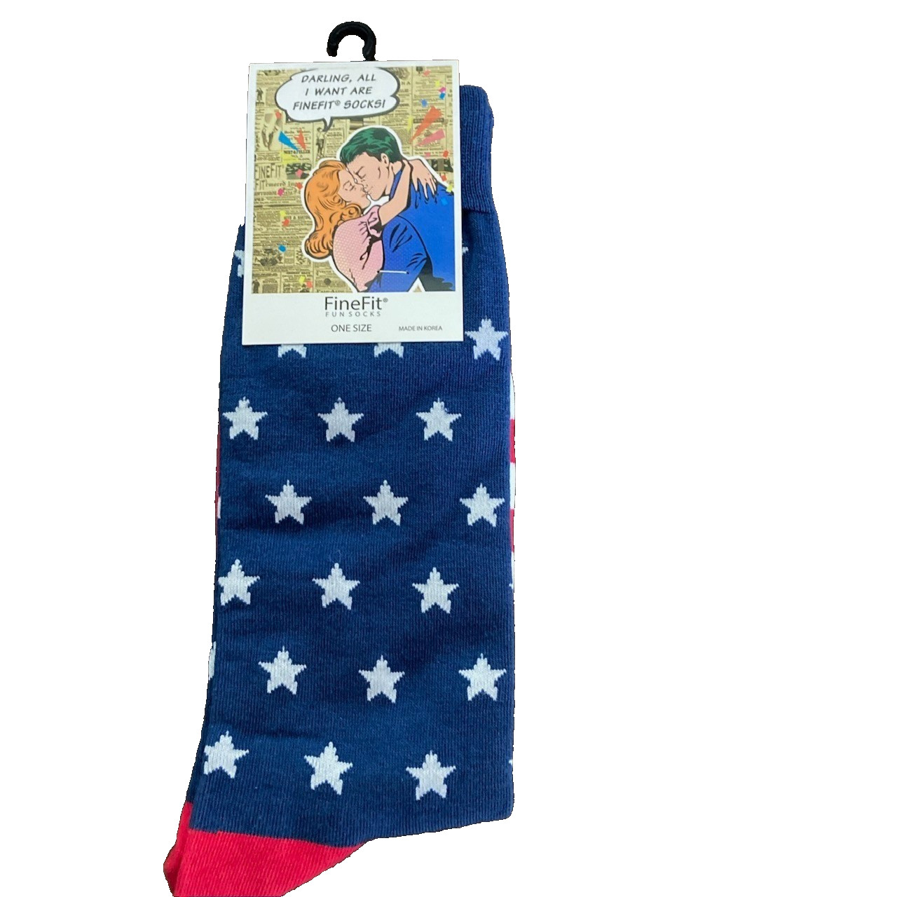 FineFit Fun Socks Patriotic Stars Blue Red White Novelty Crew Socks One Size NWT