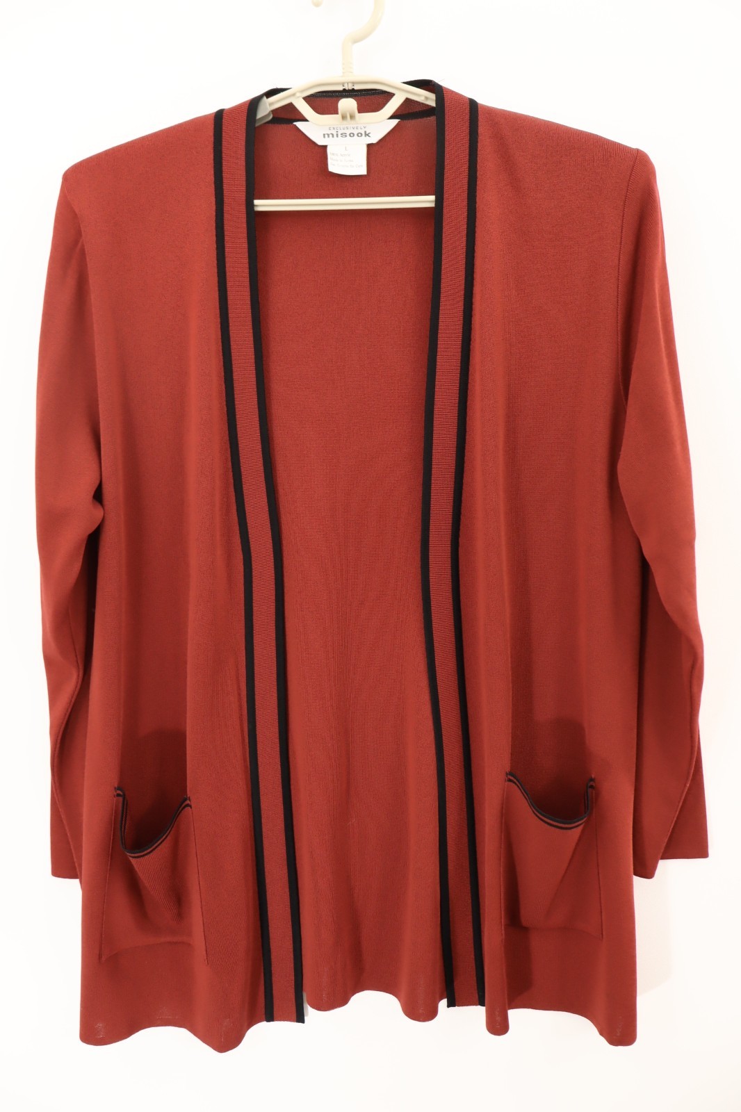 MISOOK Women’s Acrylic Open Front Cardigan Sweater Pocket Deep Red Black Size L