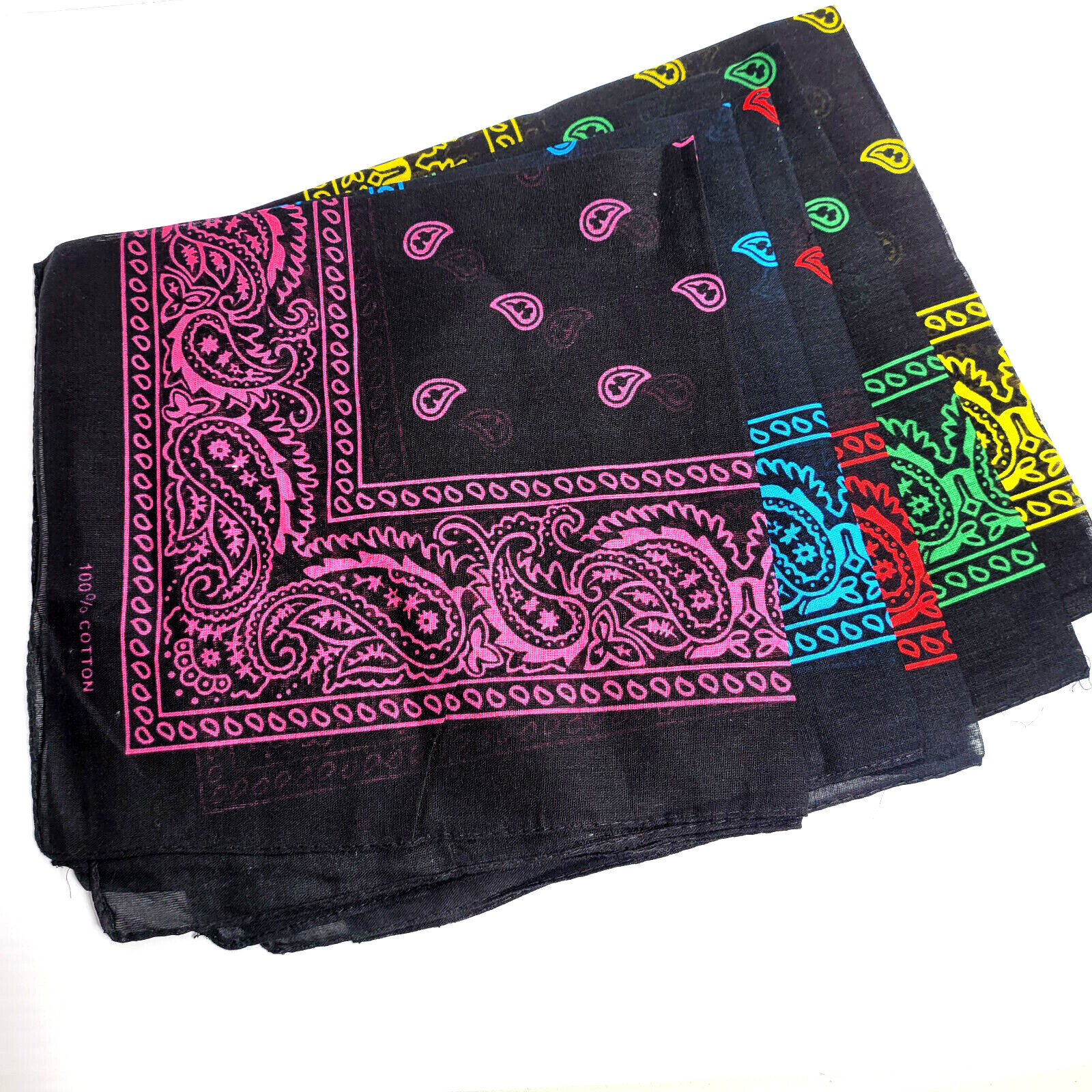 Black Bandana 100% Cotton Paisley Print Double-Sided Head Neck Face Mask 21-22″