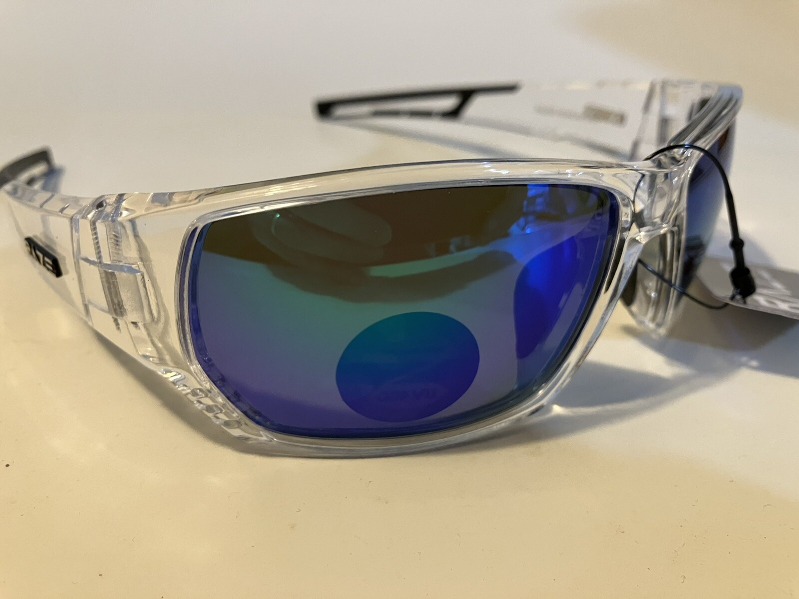 RAZE Eyewear Sunglasses Sonar Polarized Clear Frame Blue Mirror Smoke 28856