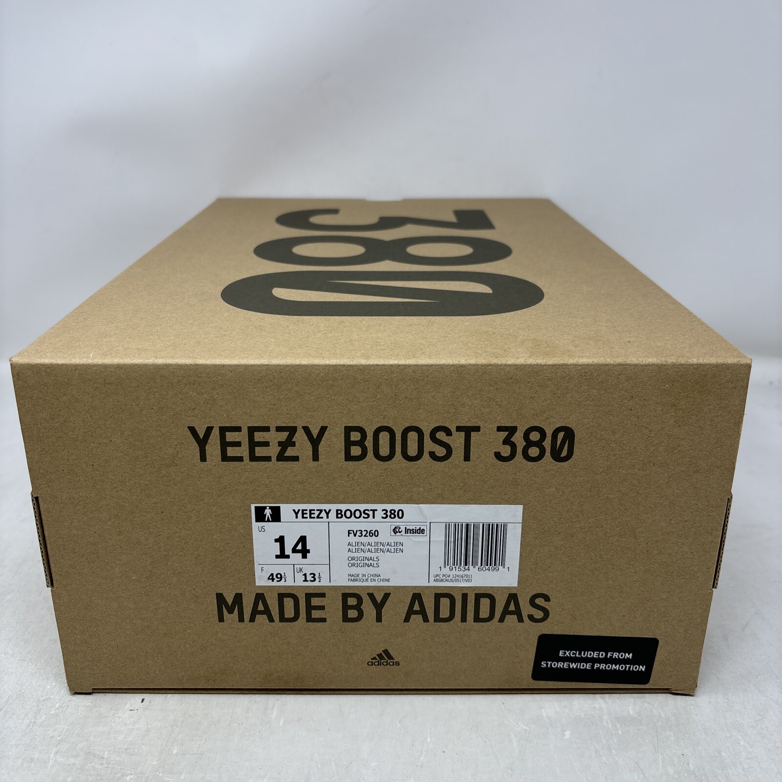 Adidas Yeezy Boost 380 ‘Alien’ Gray White Sneakers, Size 14 BNIB FV3260