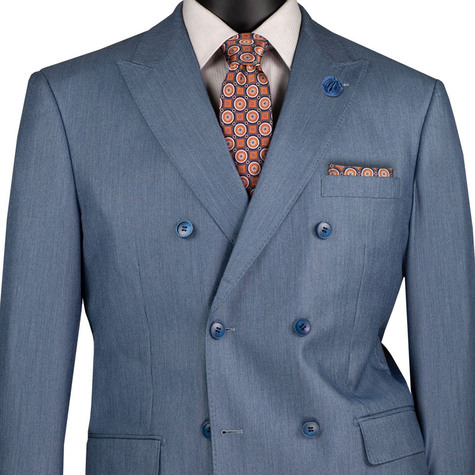 VINCI Men’s Smoke Blue Sharkskin Double-Breasted Suit w/ Flex Waist – NEW