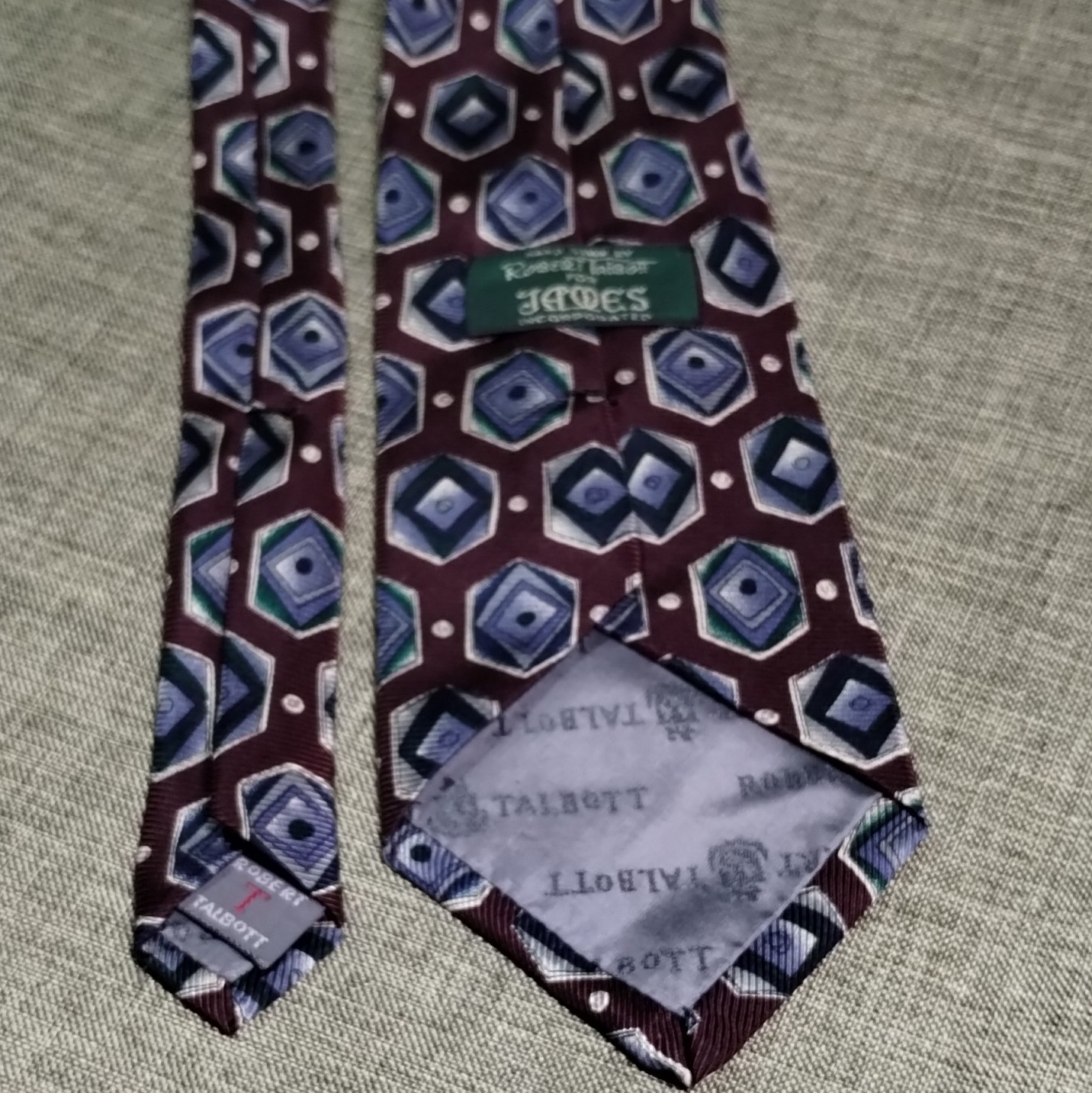 Robert Talbott Silk Geometric Tie Burgundy Blue Green White Classic 57″-60″