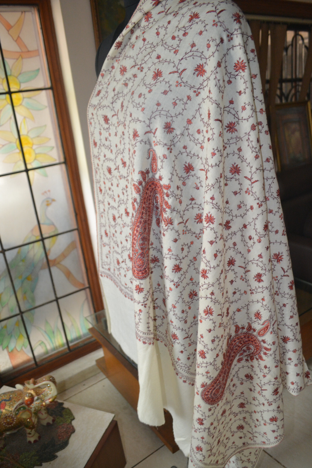 WHITE MICRO JAAL KASHMIRI HAND EMBROIDERY WEDDING SHAWL 100% CASHMERE PASHMINA