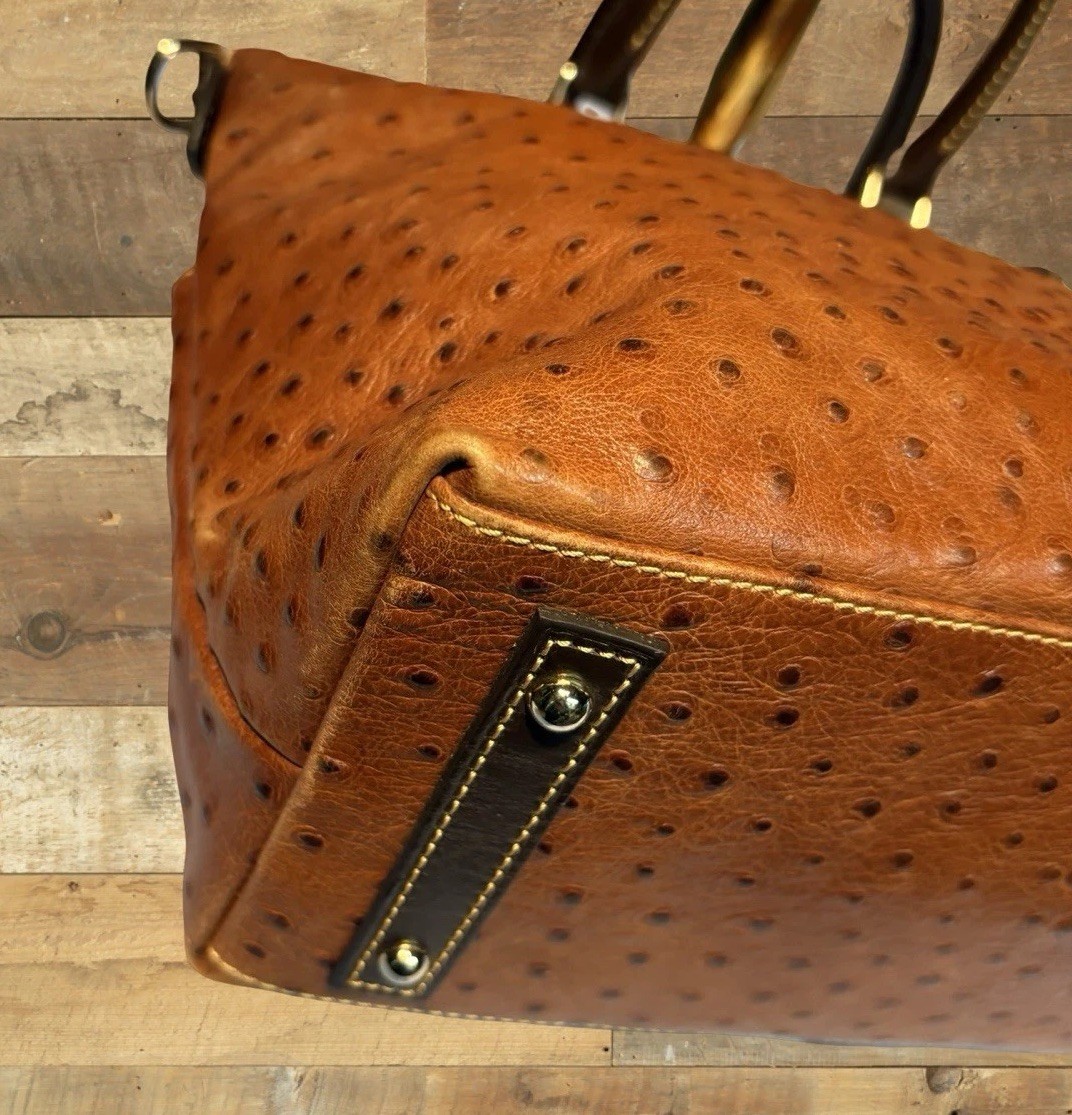 Dooney Bourke Chestnut Brown Ostrich Embossed Leather Front Pocket Satchel Tote