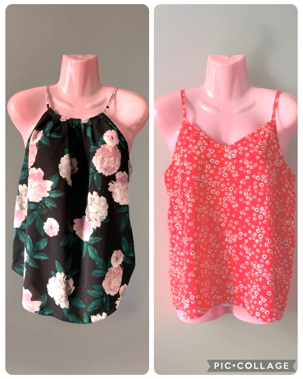 Ladies Set 2 Cami Tops Silky Black Pink Rose / Red White Floral Size 10 BNWOT