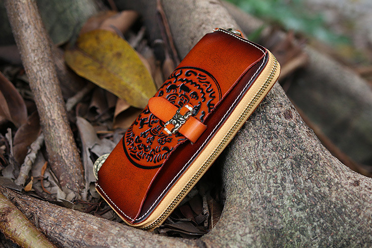 Leather Long Wallet Carved Hand Tooled Zip Around Clutch Purse +Amulet Pendant