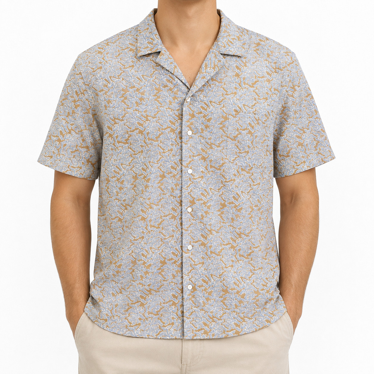 Cremieux Shirt Mens 2XL Brown Blue Abstract Linen Blend Short Sleeve Button-Up