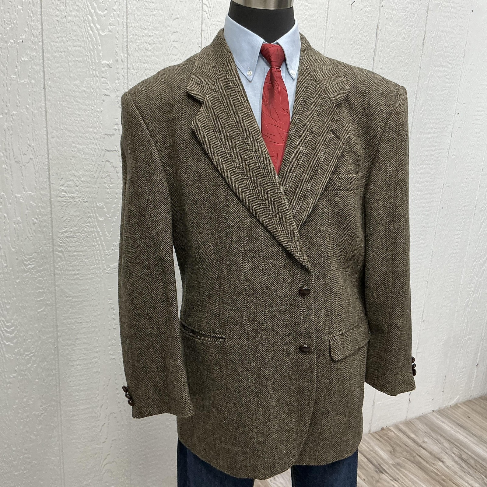 Deansgate Blazer Mens 48L Brown Herringbone Tweed Wool Sport Coat jacket Leather