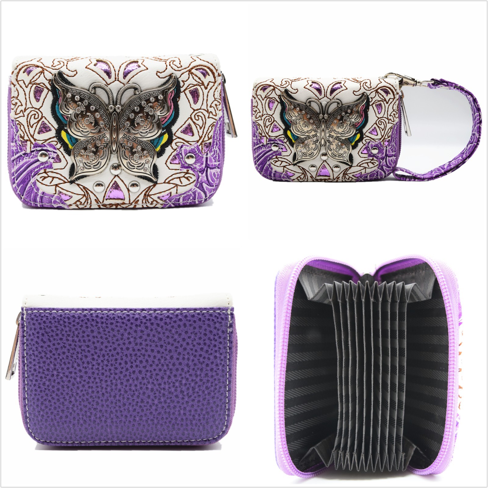 Butterfly Handbag Western Purse Women Shoulder Bag Crossbody Wallet Set Purple