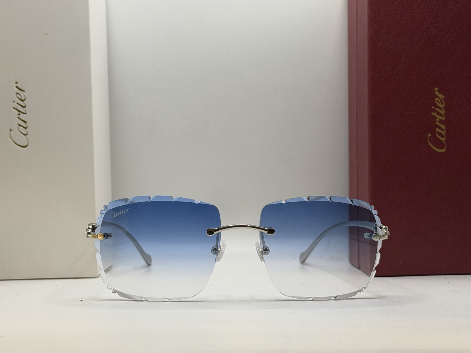 Cartier Panthere CT0061O 60mm Diamond Cut Gradient Blue Lens Silver Sunglasses