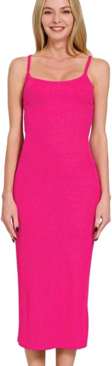 New Zenana Ribbed Bodycon Midi Long Dress Hot Pink Form Fitting Stretchy Small
