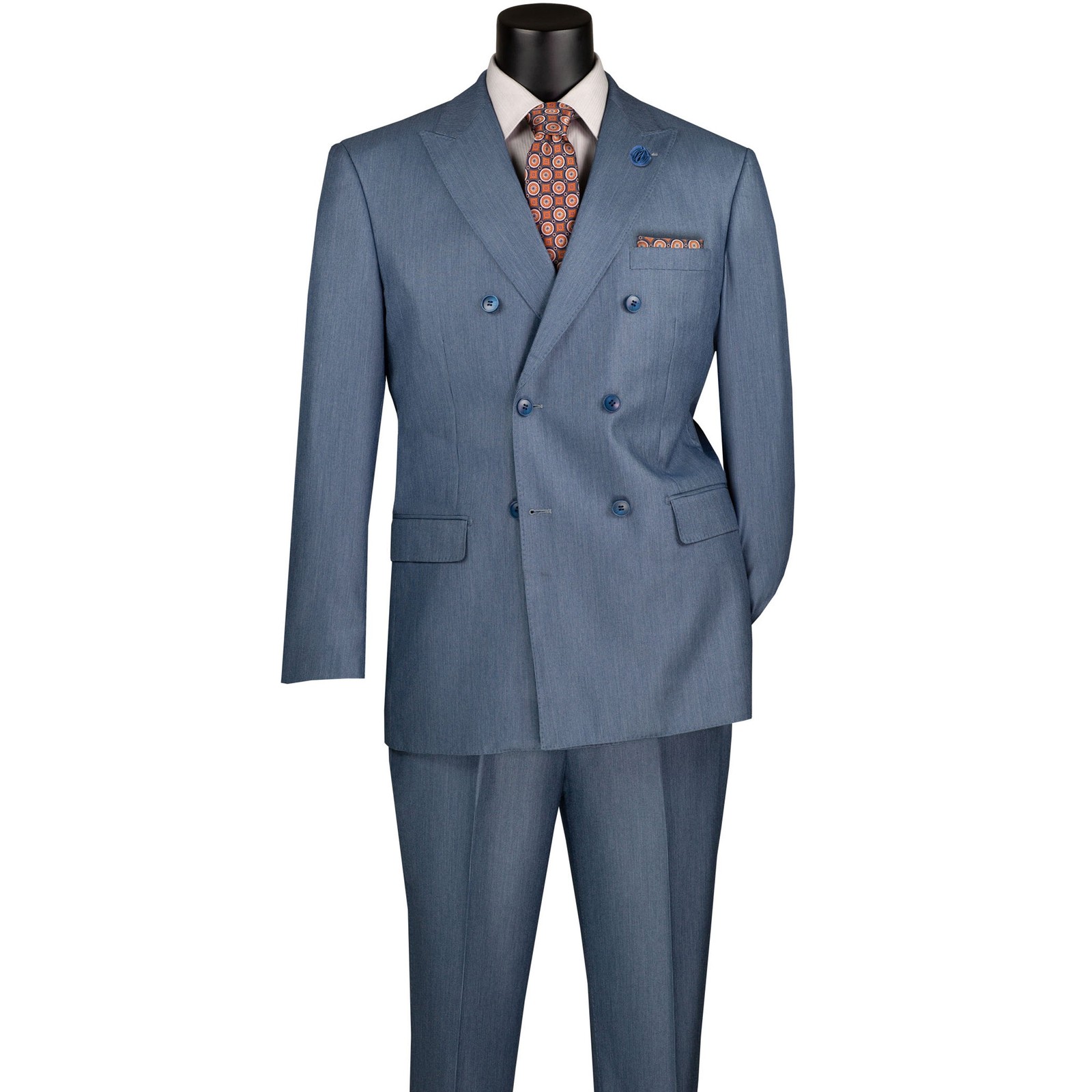 VINCI Men’s Smoke Blue Sharkskin Double-Breasted Suit w/ Flex Waist – NEW