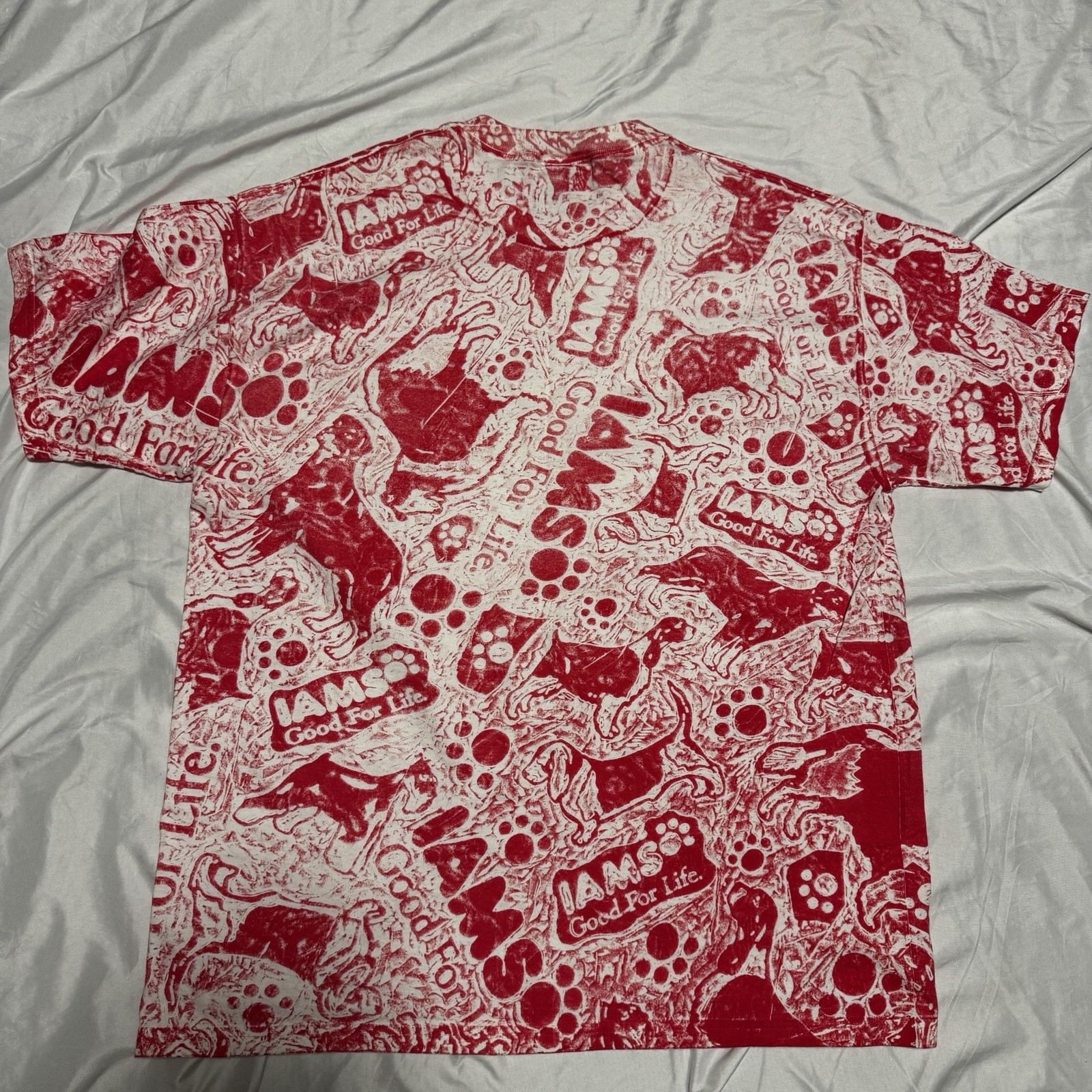 Vintage Iams Pet Food AOP Shirt Red White Cat Dog sz XL All Over Print Graphic
