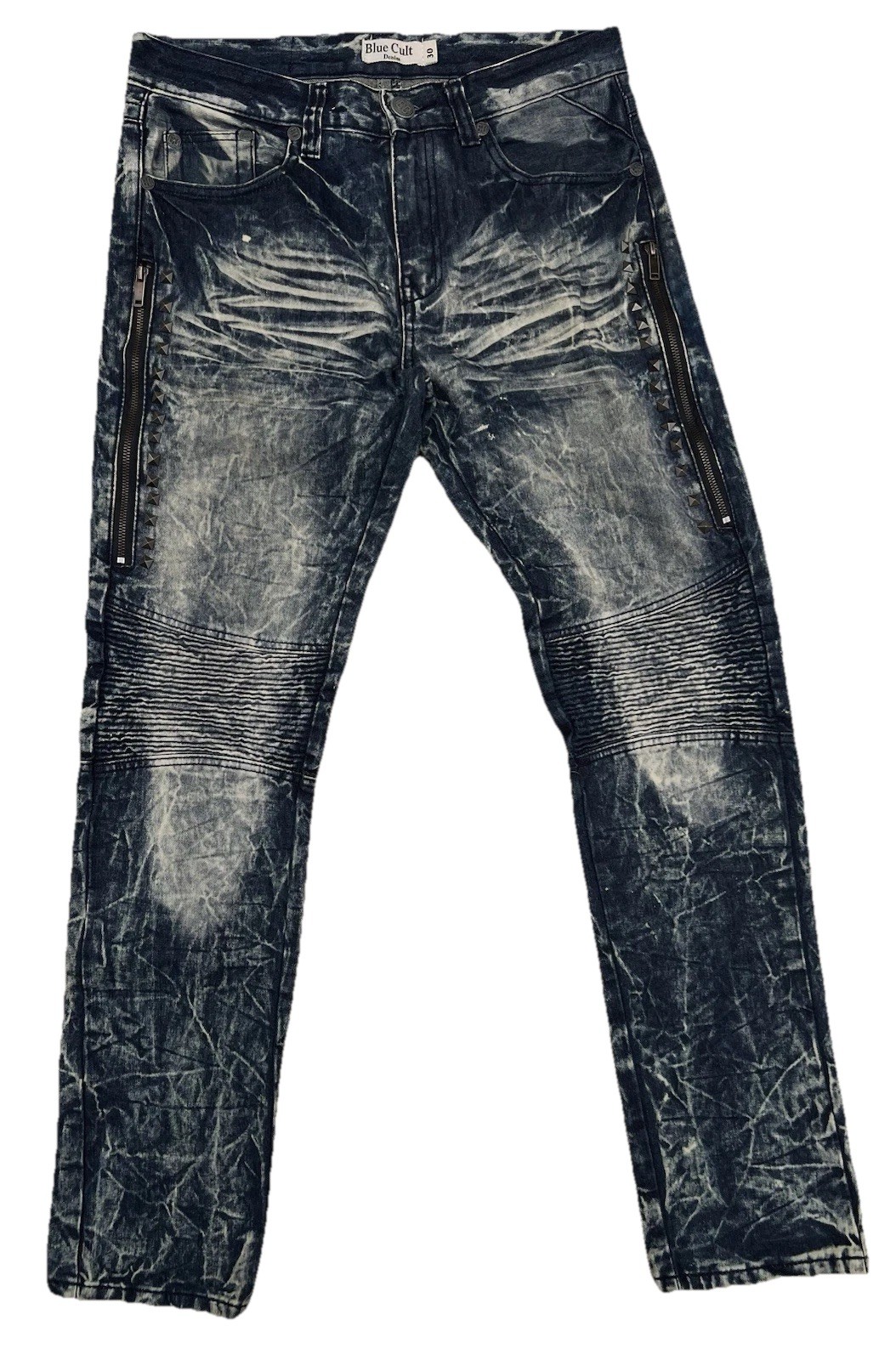 Blue Cult Moto Jeans Mens 30 Acid Wash Biker Denim Zipper Stud Detail Distress