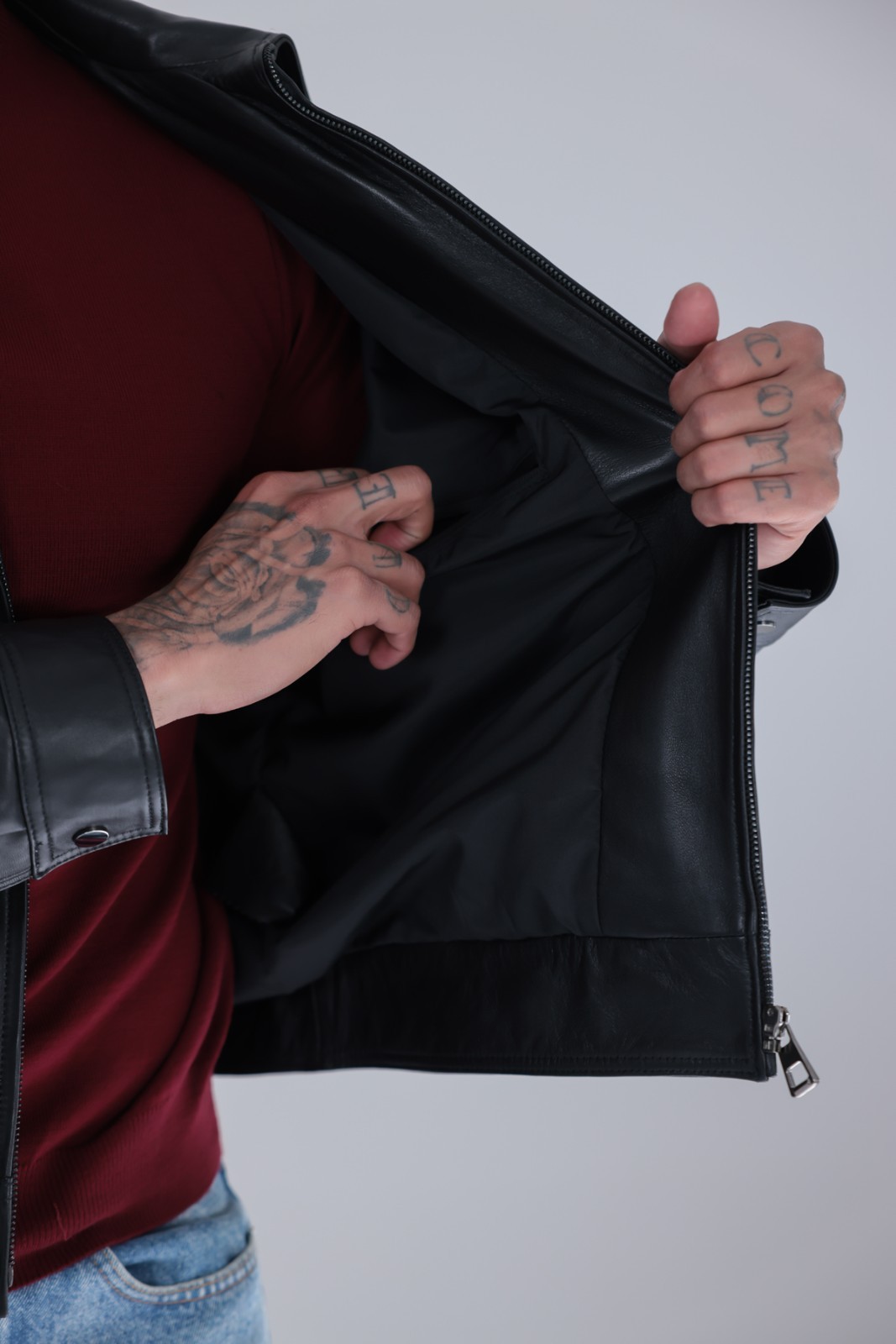 Men’s Genuine Leather Cafe Racer Jacket Black Zip Point Collar 25″ – 65cm