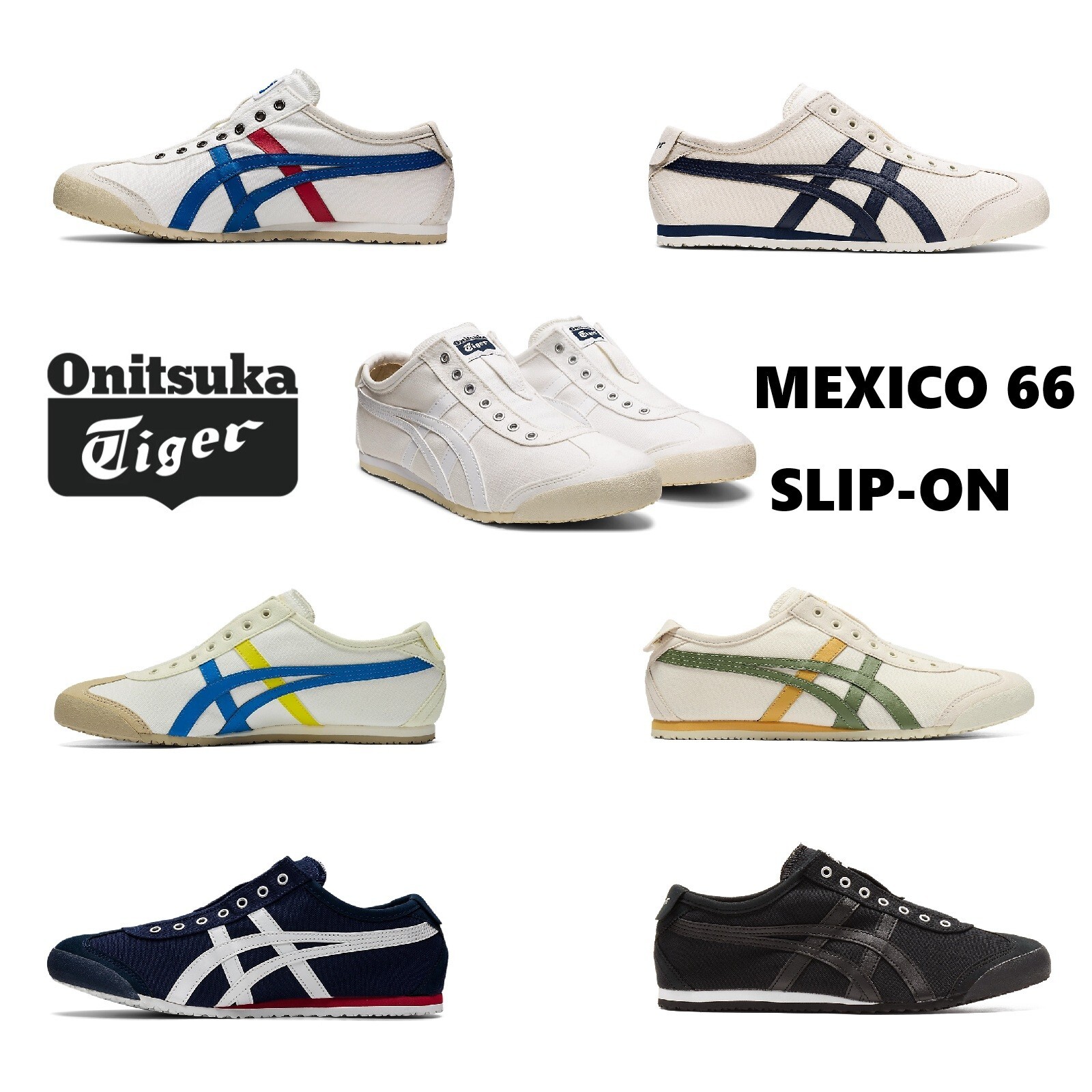 Onitsuka Tiger MEXICO 66 SLIP – ON Canvas WHITE BLACK CREAM BIRCH NAVY TRICOLOR.