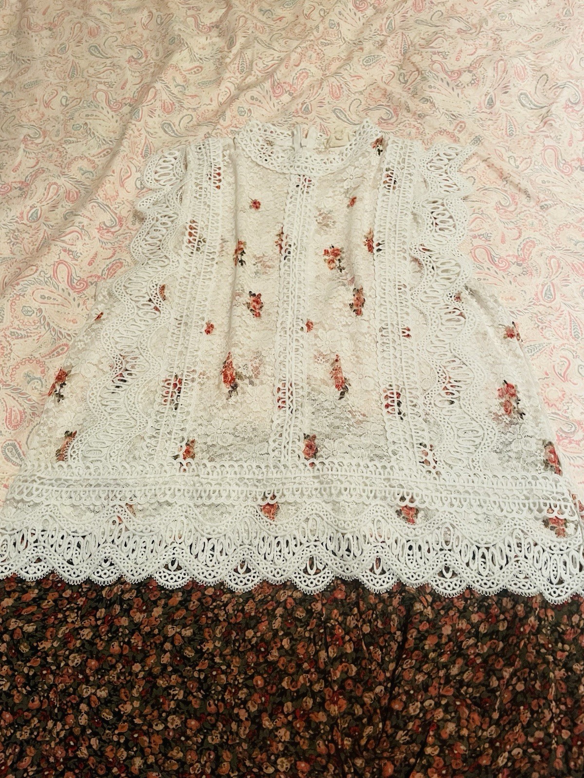 Women’s S Long A-Line Skirt Brown/Cream Floral Lace Overlay Button