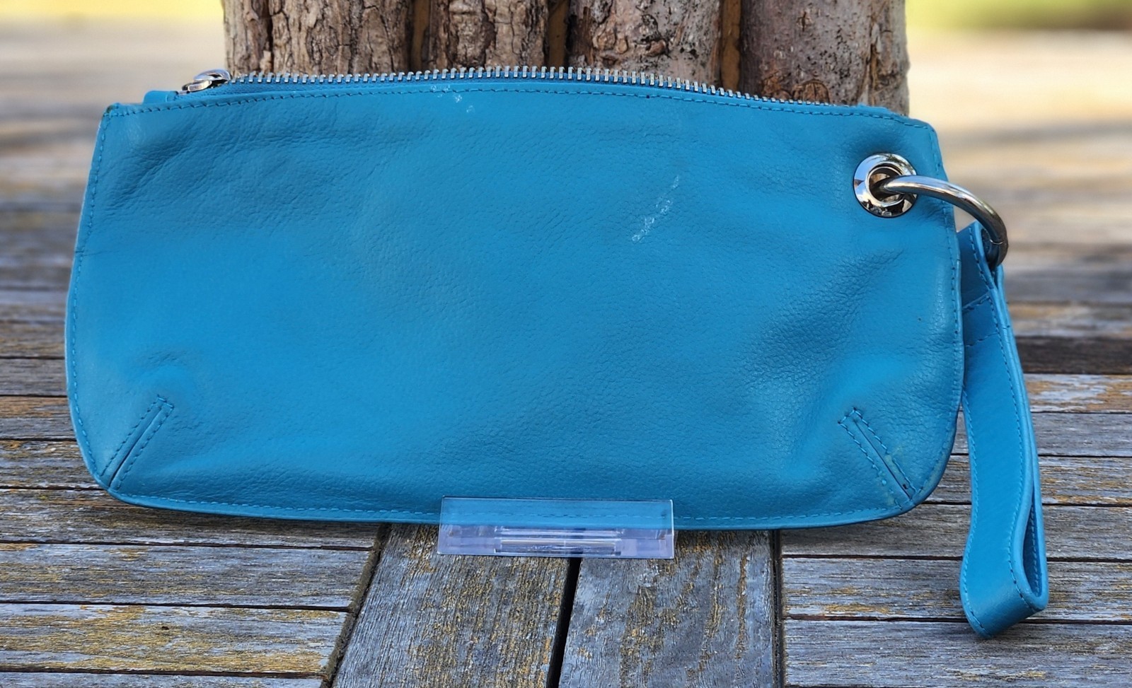 Old Navy Turquoise Zip Wristlet Clutch With A Silver Tone Ring Handle
