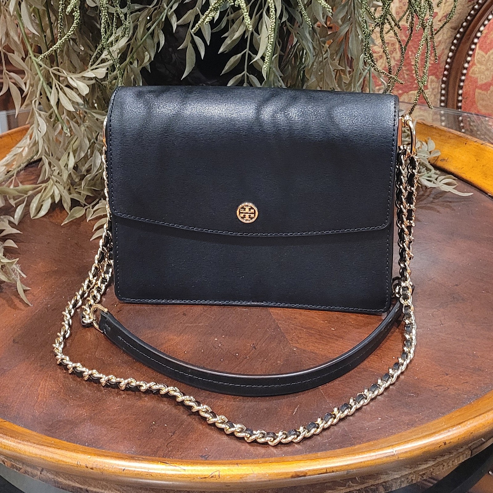 Tory Burch Black Robinson Mini Convertible Shoulder Purse Leather Gold Chain