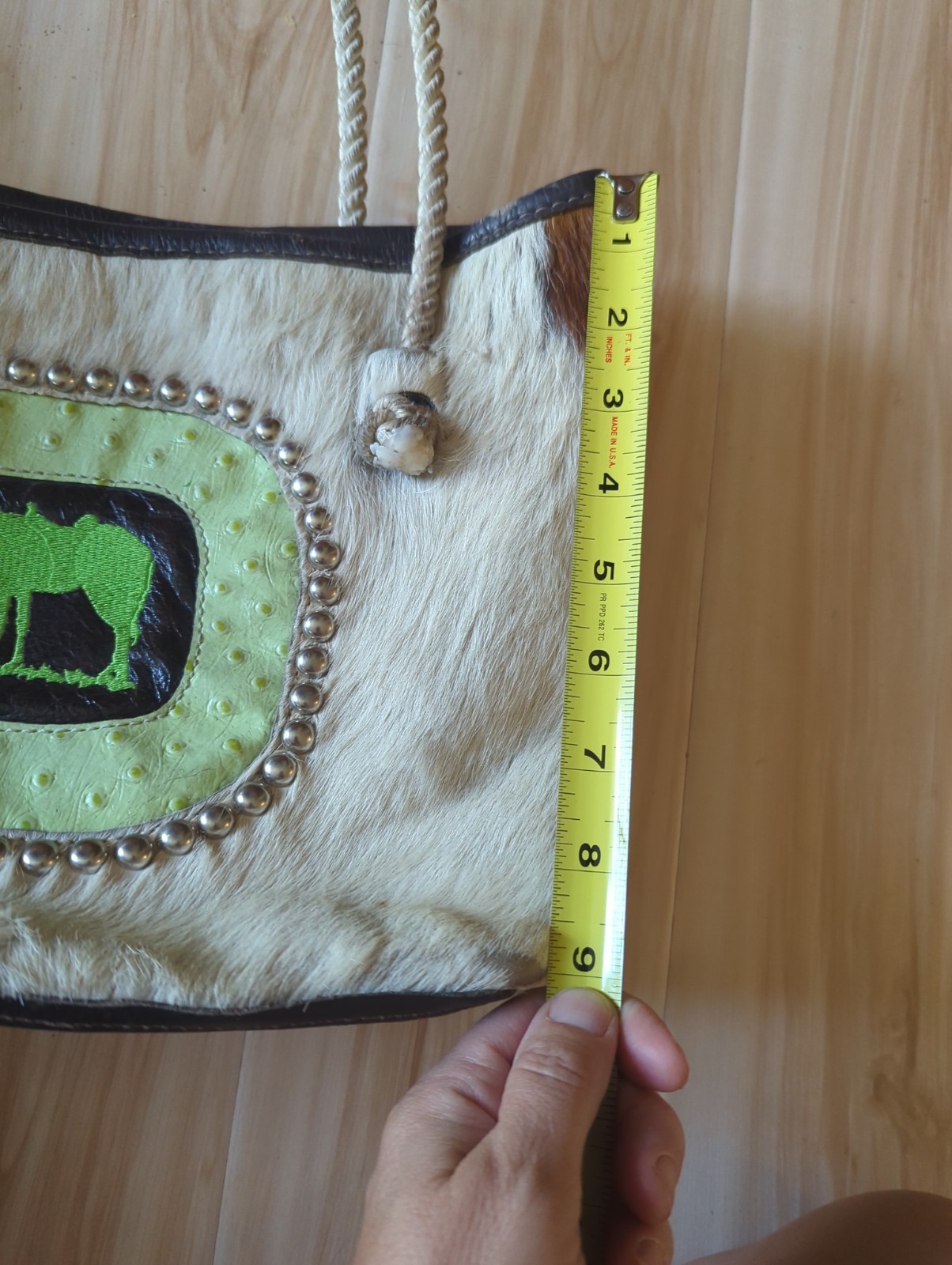 Vtg Cowhide Brown and White Leather Bag Rope Handle Western Very Unique Handmade