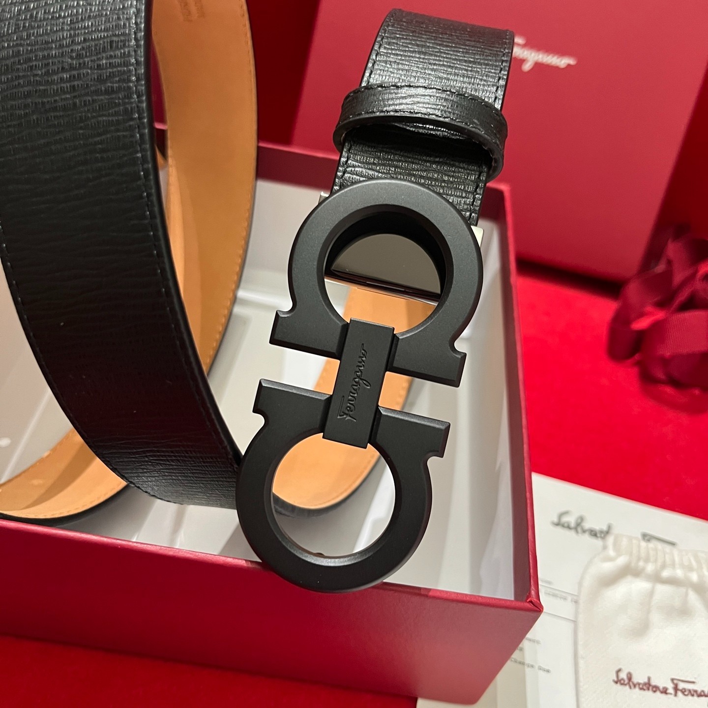 Salvatore Ferragamo Belt Handcrafted Genuine Italian Leather Black Buckle