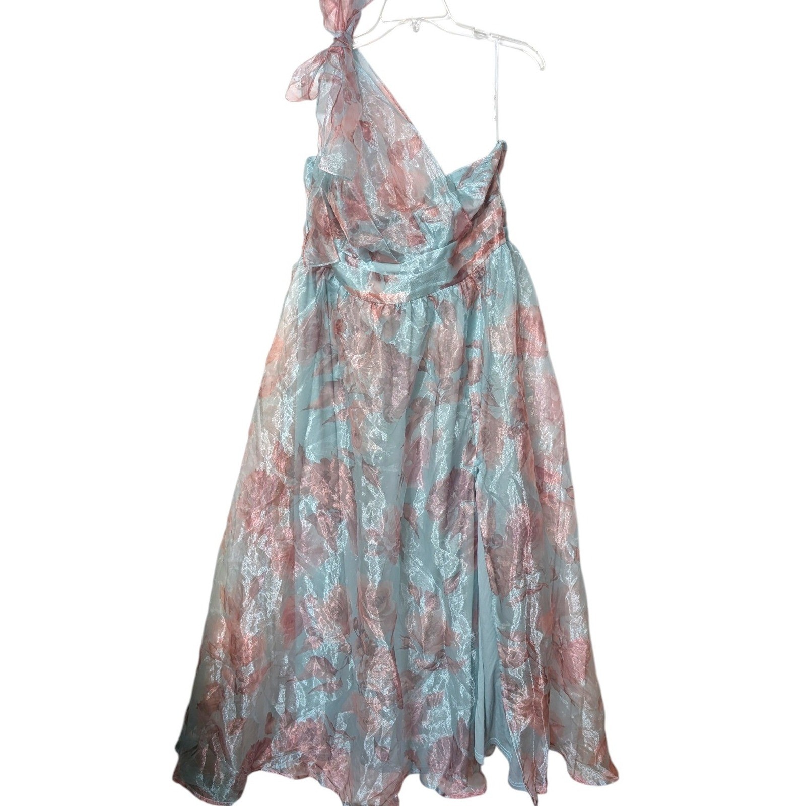 Lulus Dramatically Lovely Light Blue Floral Organza One Shoulder Maxi Dress 1X