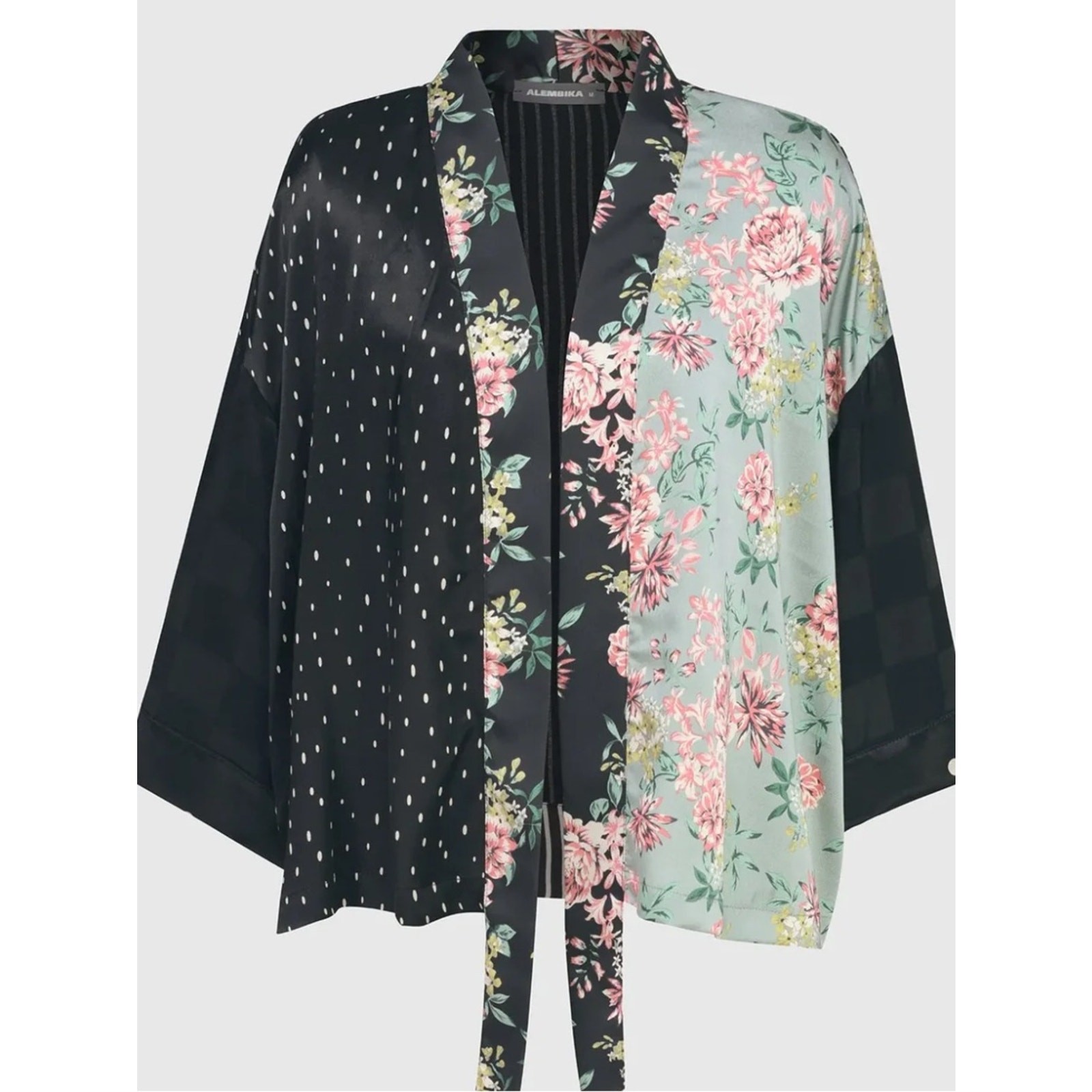 Alembika Layla Satin Kimono Toe Front Flowy Flowers Black Sz L