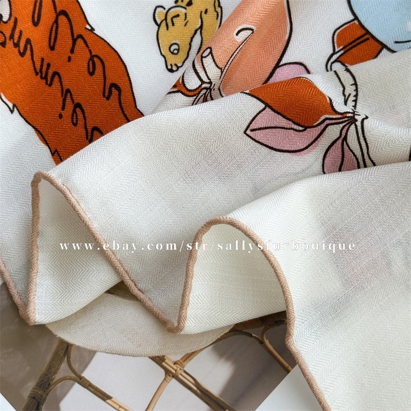 Sallys 70% Cashmere 30% Silk Wrap Scarf Apple Trees Print 2 Face Shawl 53″ Cream