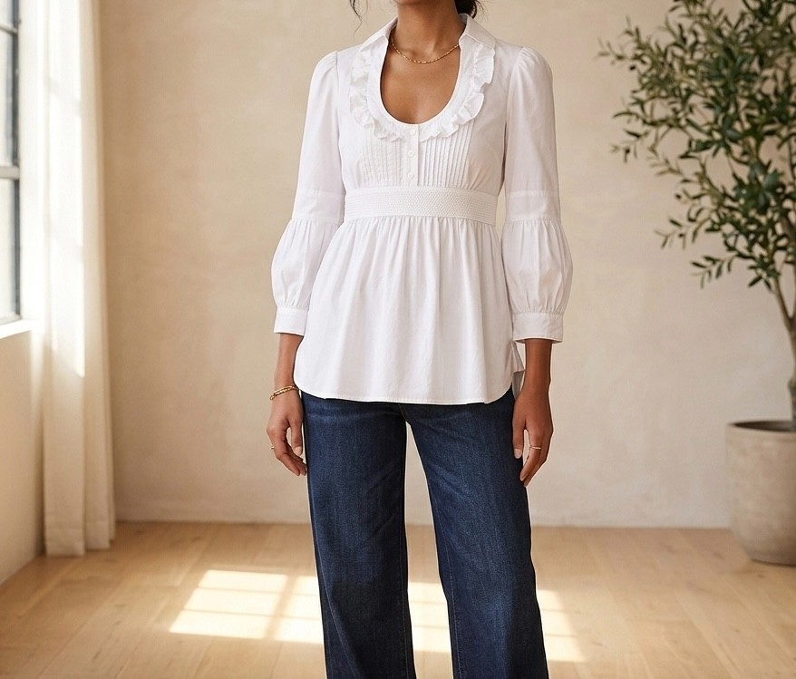 Fei Anthropologie Neo-Victorian Babydoll Blouse White Sz 4 Cottagecore Coquette