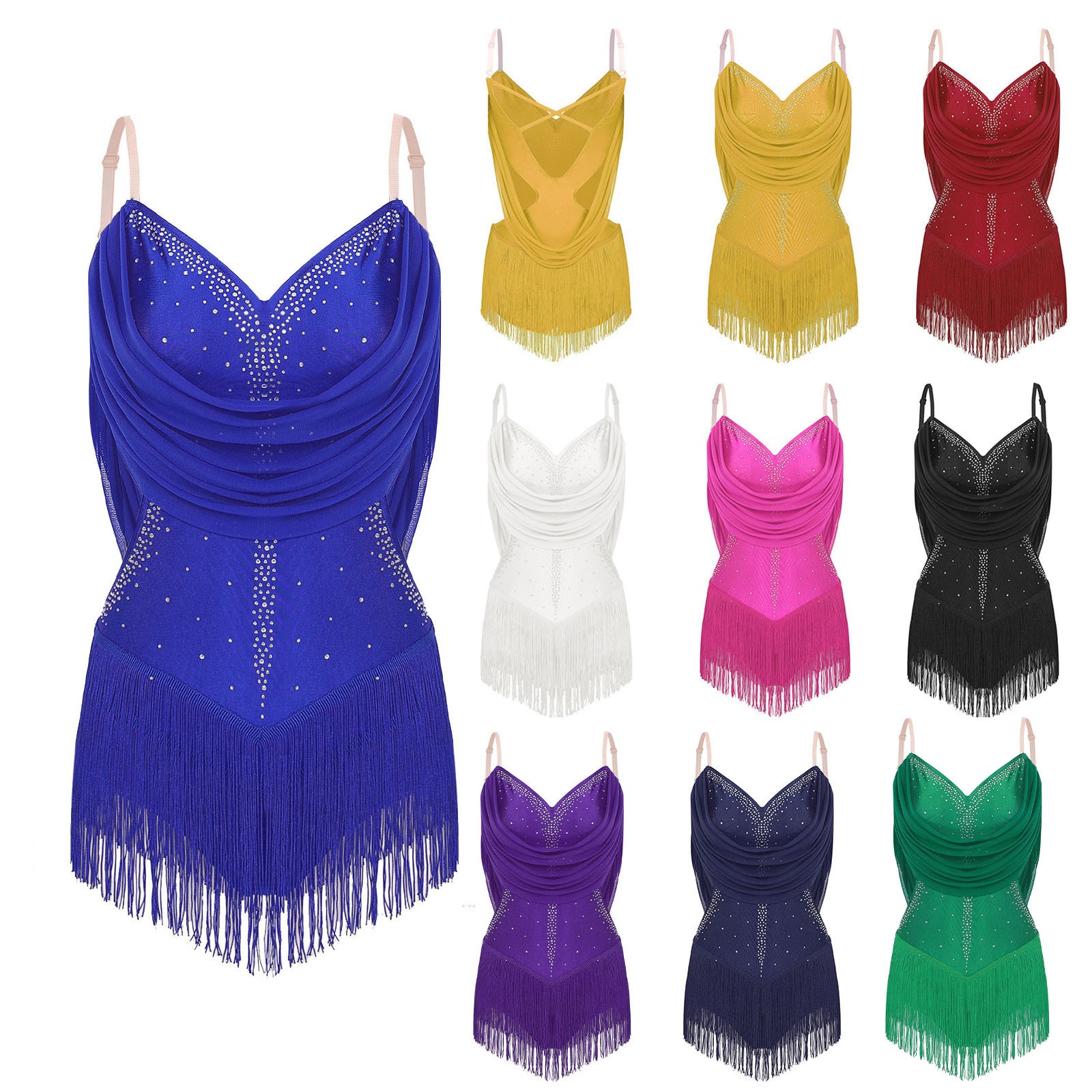 US Women’s Rhinestone Latin Dance Costume Ruched Mesh Tassel Jazz Dance Bodysuit