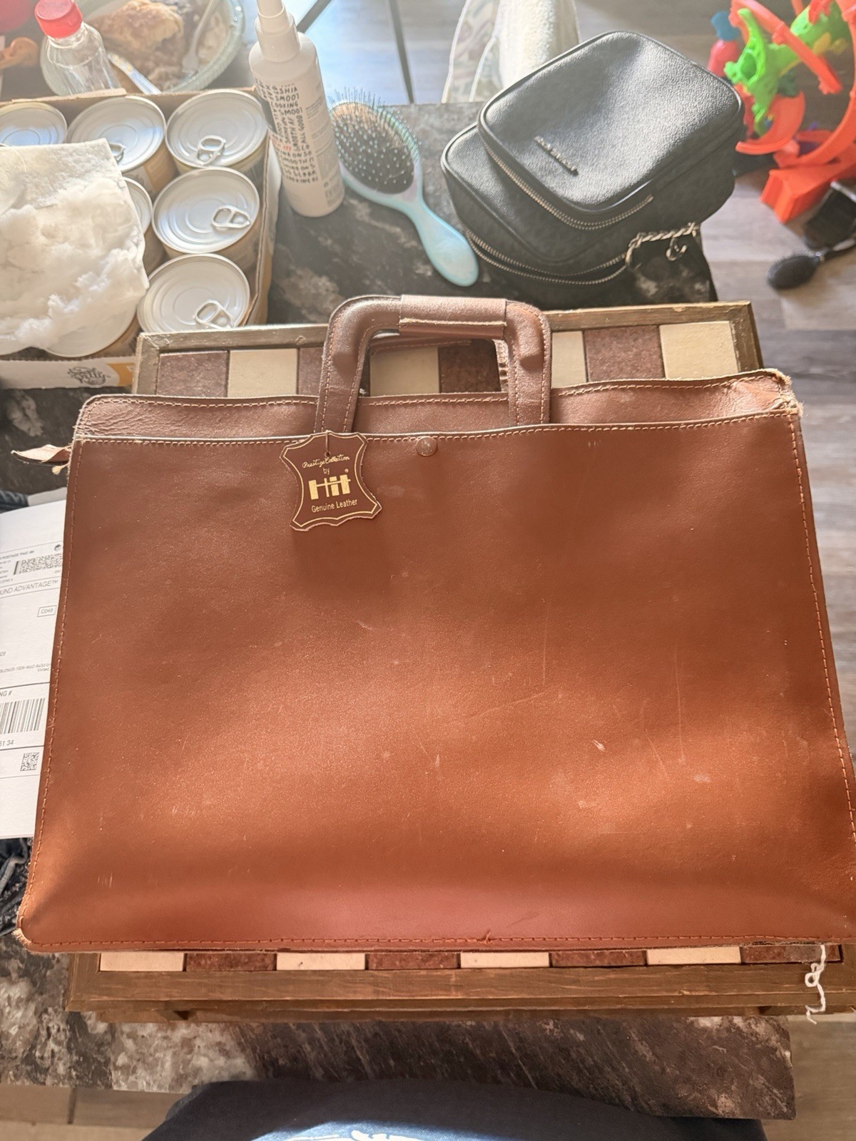 Hit Men’s Brown Briefcase/Document Case Solid Top Handle Push Lock Closure