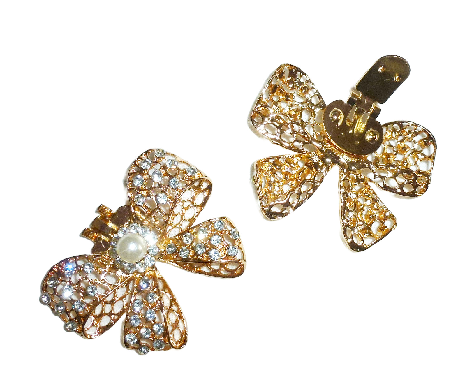 Rhinestone Bow Shoe Clips bowknot NEW gold crystal pearl