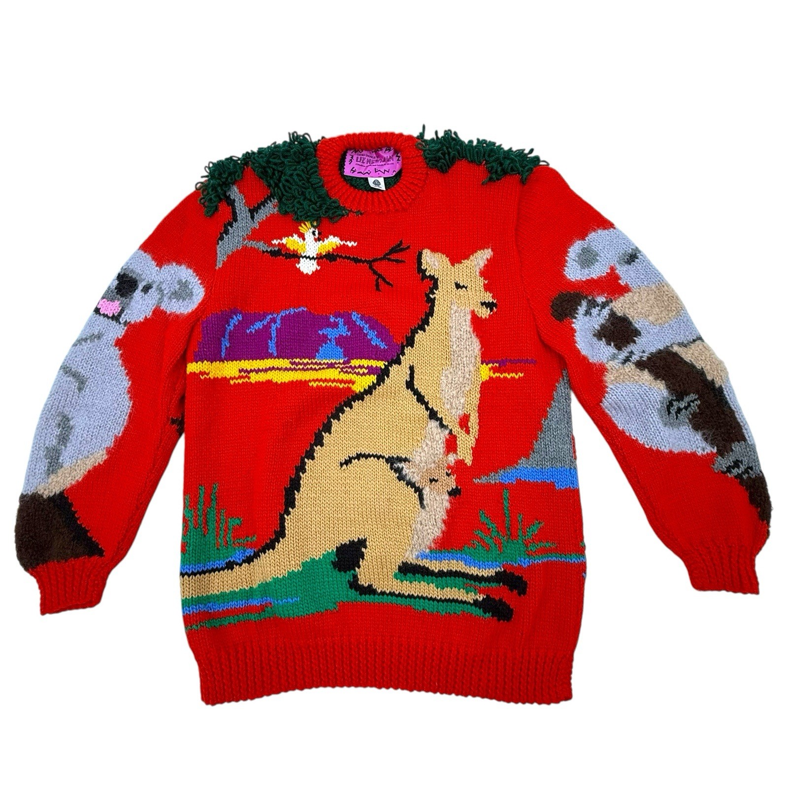 Liz Newman Vintage Sweater Kangaroo Koala 3D Knit All over OS Wool Outback