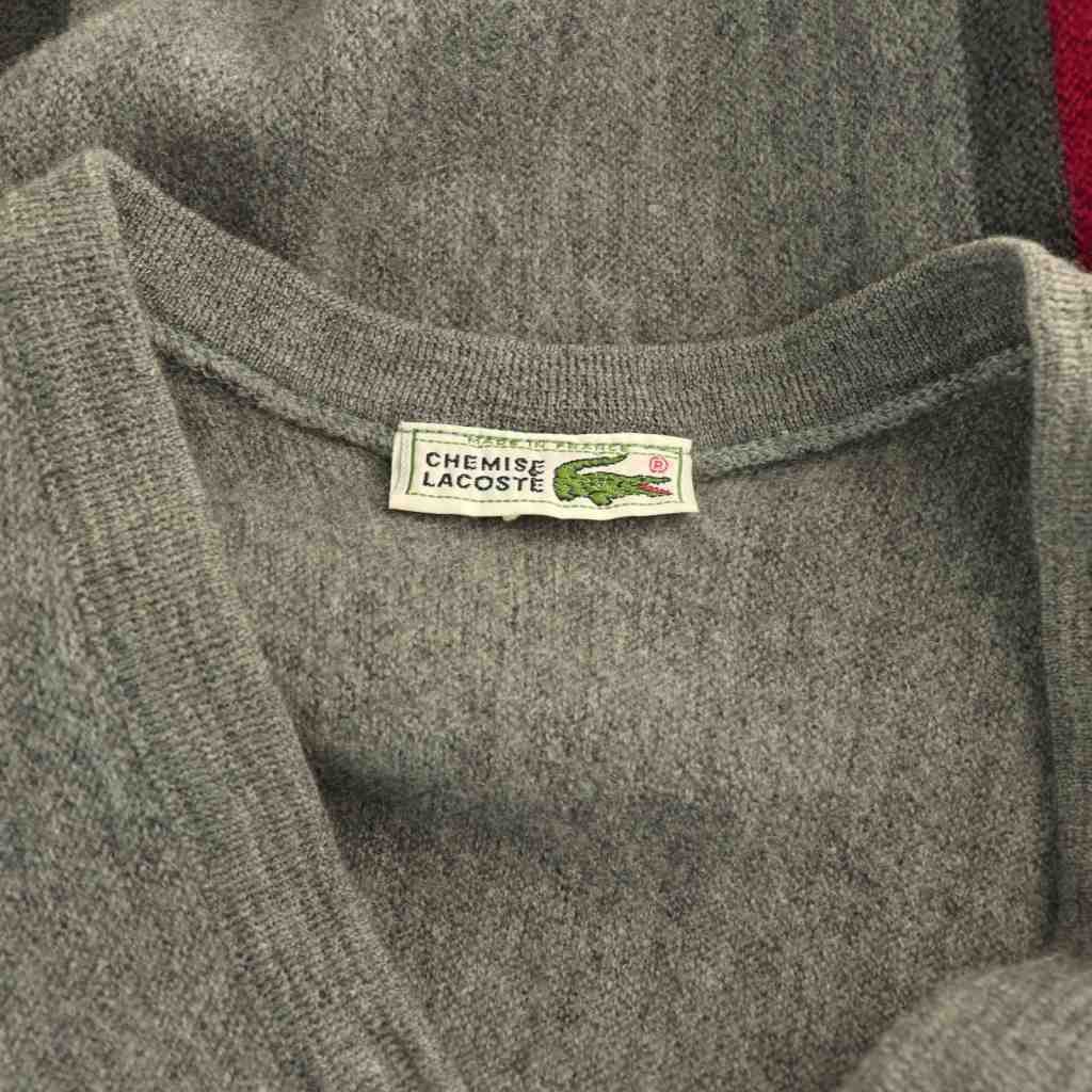 Lacoste knit sweater, V-neck, wool, size 3, gray, burgundy, dark gray