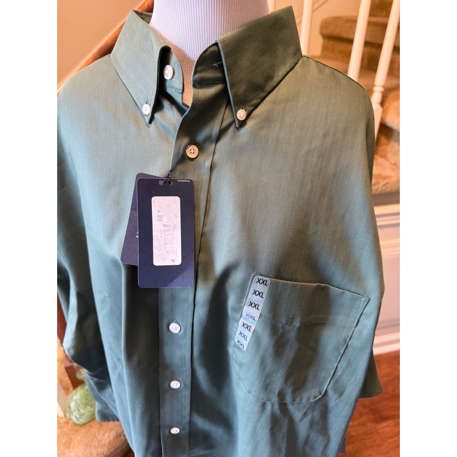 Roundtree & Yorke XXL Green Herringbone Easy Care Performance Button Down Shirt