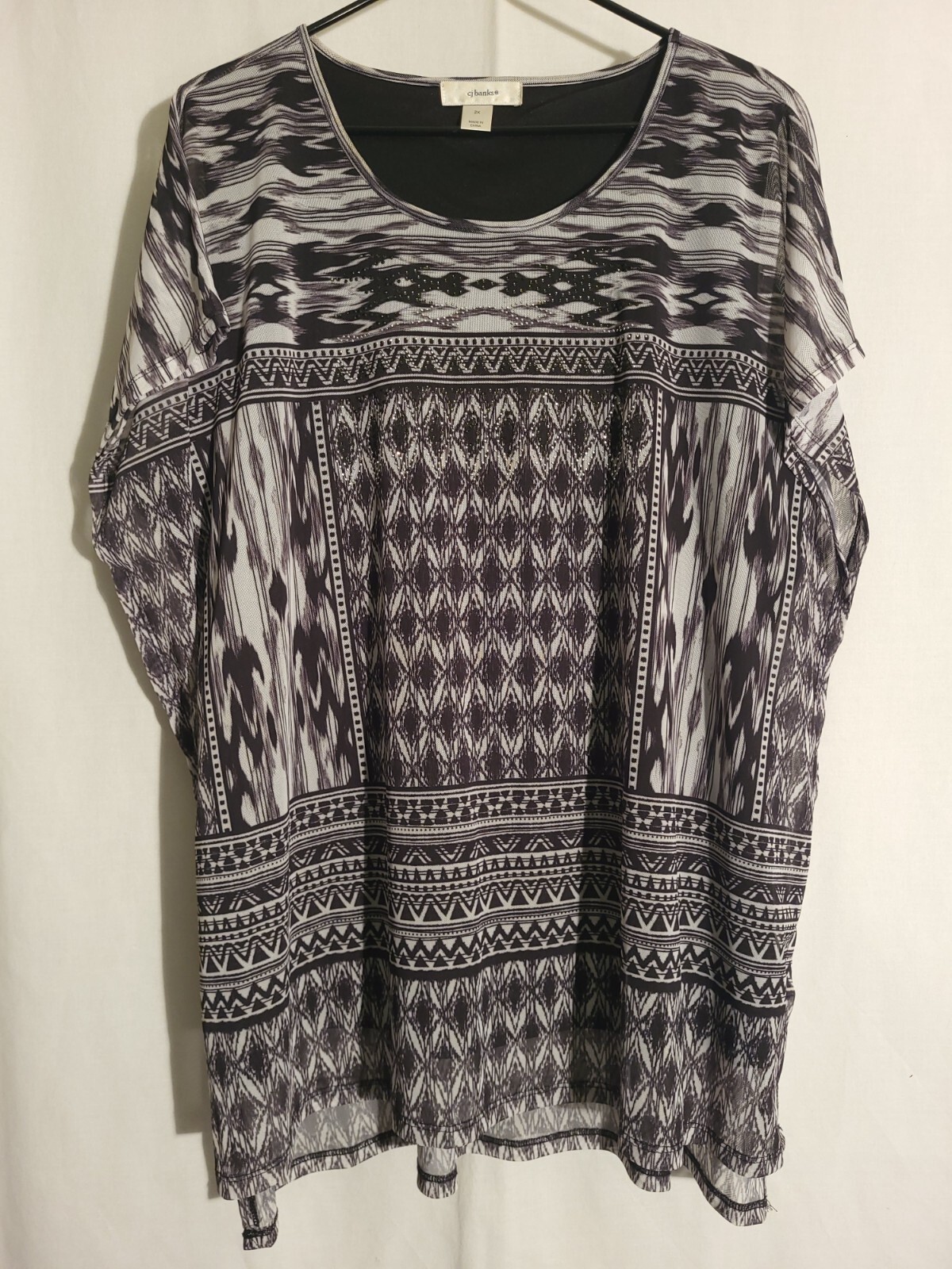 CJ Banks-Black White Geo Embellished Semi-Sheer Lined Round Neck Top Blouse-2X