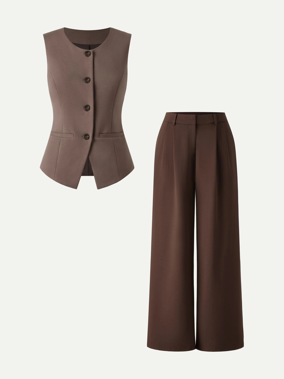 2Pcs Set Waistcoat with Pockets & Wide Leg Pant with Pockets