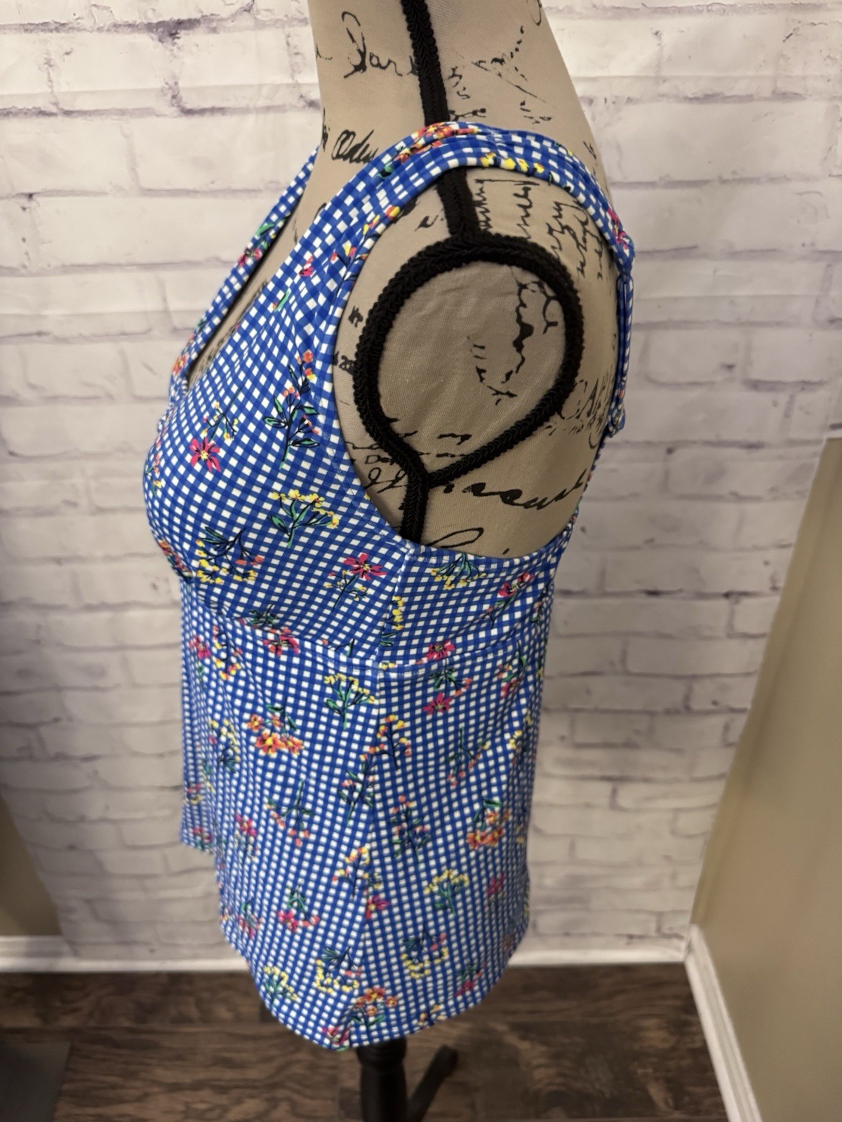 Lands’ End 10 Blue Floral Gingham Tankini Swimsuit Top Deep Plunge V Neck Modest