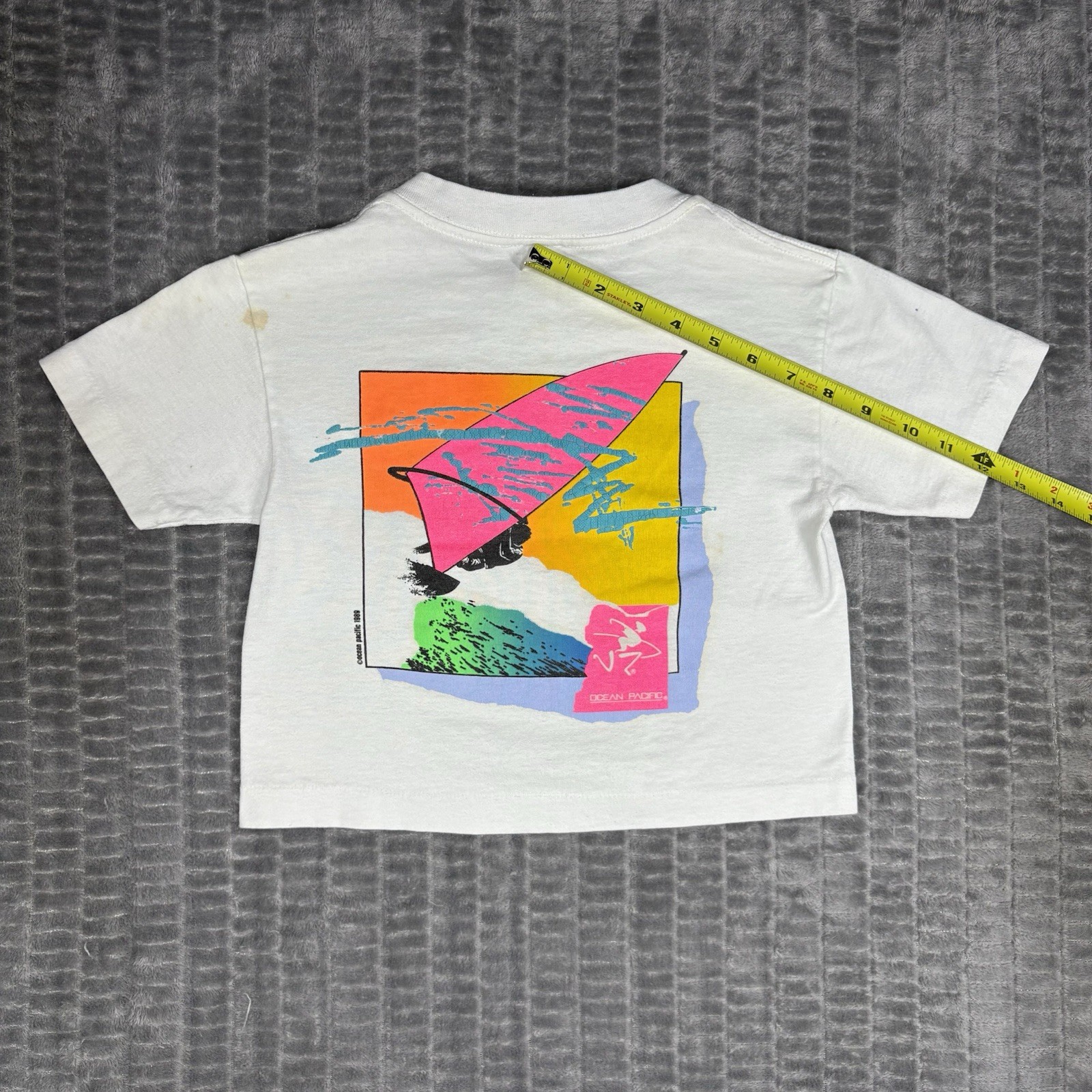 Vtg 1989 Ocean Pacific Op Surf T Shirt Crop Top Neon Windsurfing Made in USA SM