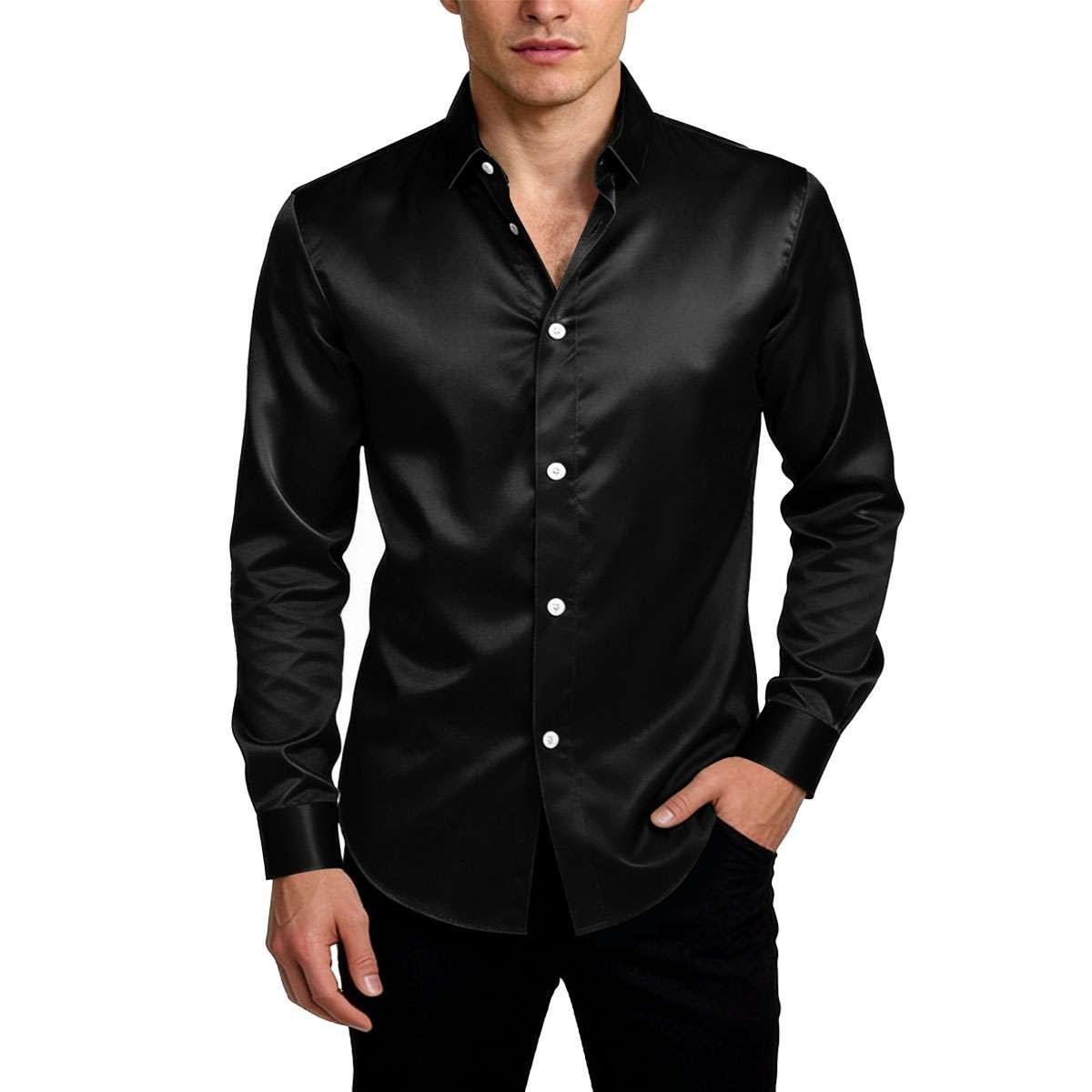 Men’s Shiny Satin Dress Shirt Solid Slim Long Sleeves Button Down Office Party