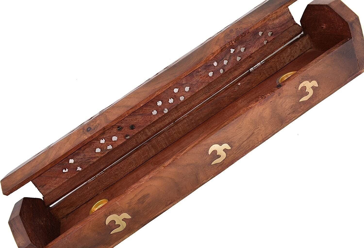 Cavelio ® Rose Wooden Coffin Incense Burner – Jali and Om 12″ – Brass Inlays…