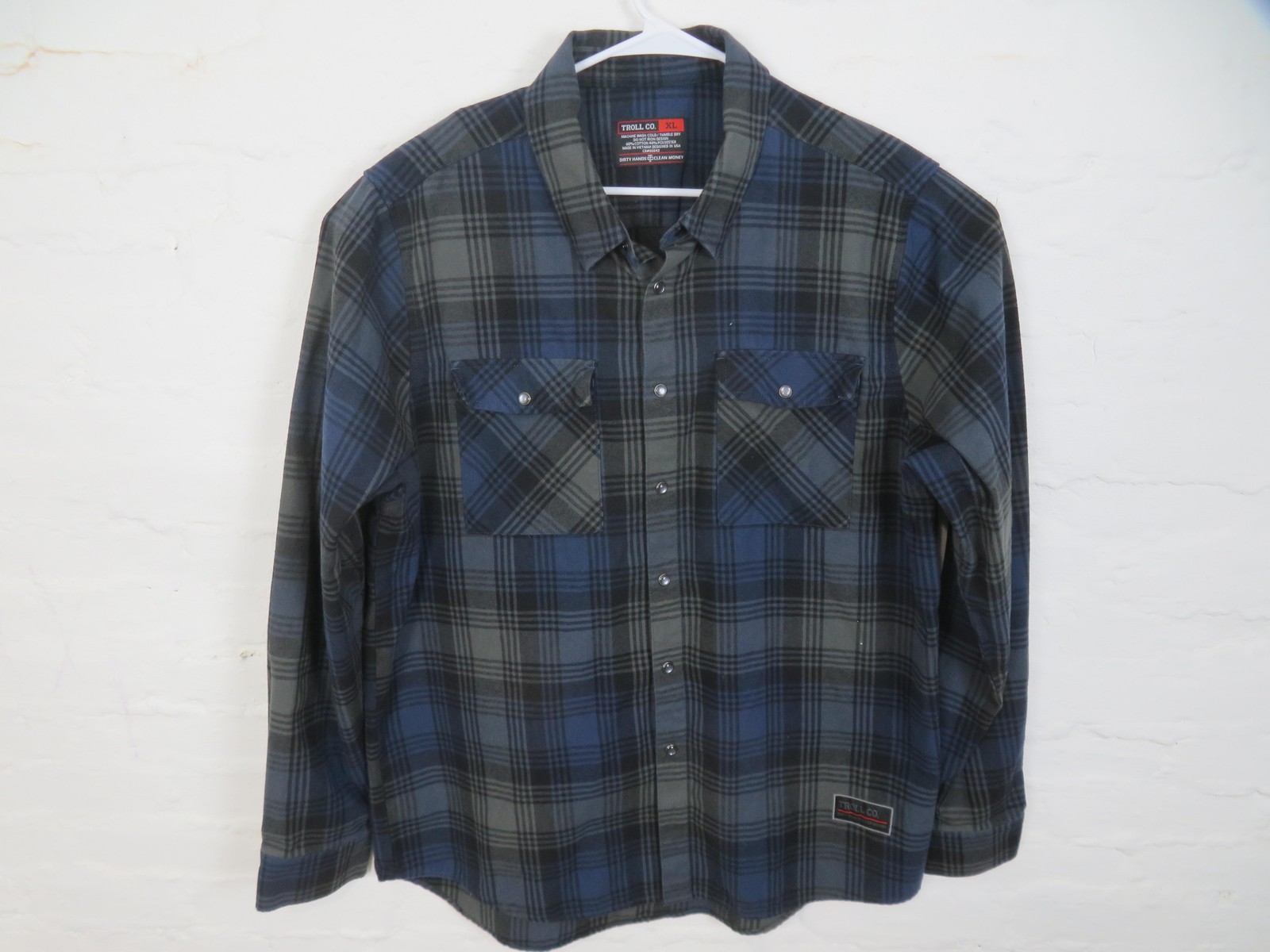 Troll Co Shirt Mens XL Blue Gray Plaid Flannel Snap Front Workwear Casual